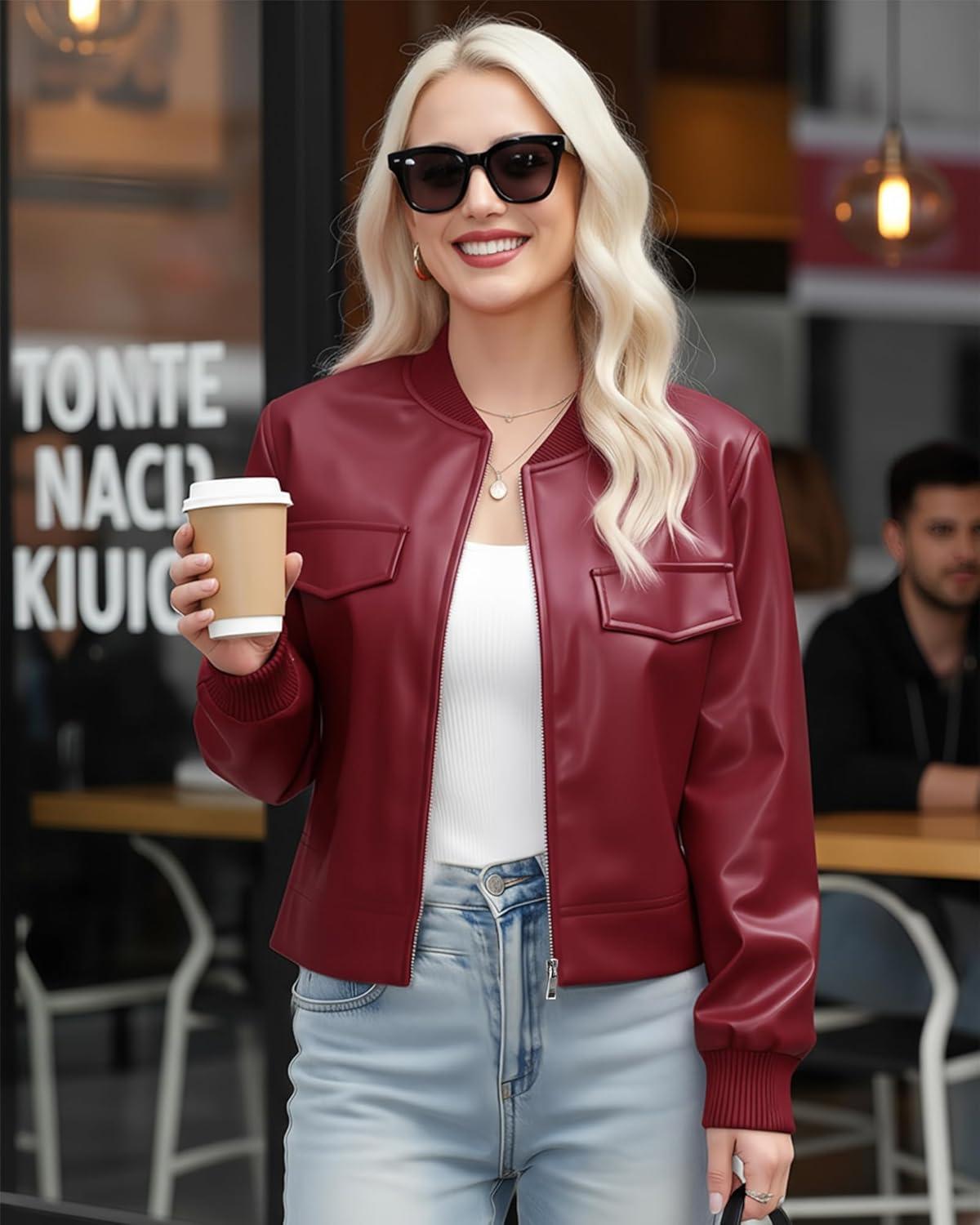 imageOmmiivex Women Leather Jacket Faux Cropped Bomber Coat Cute Short for Casual Vacation Travel College Going Out Classy OutfitMaroon