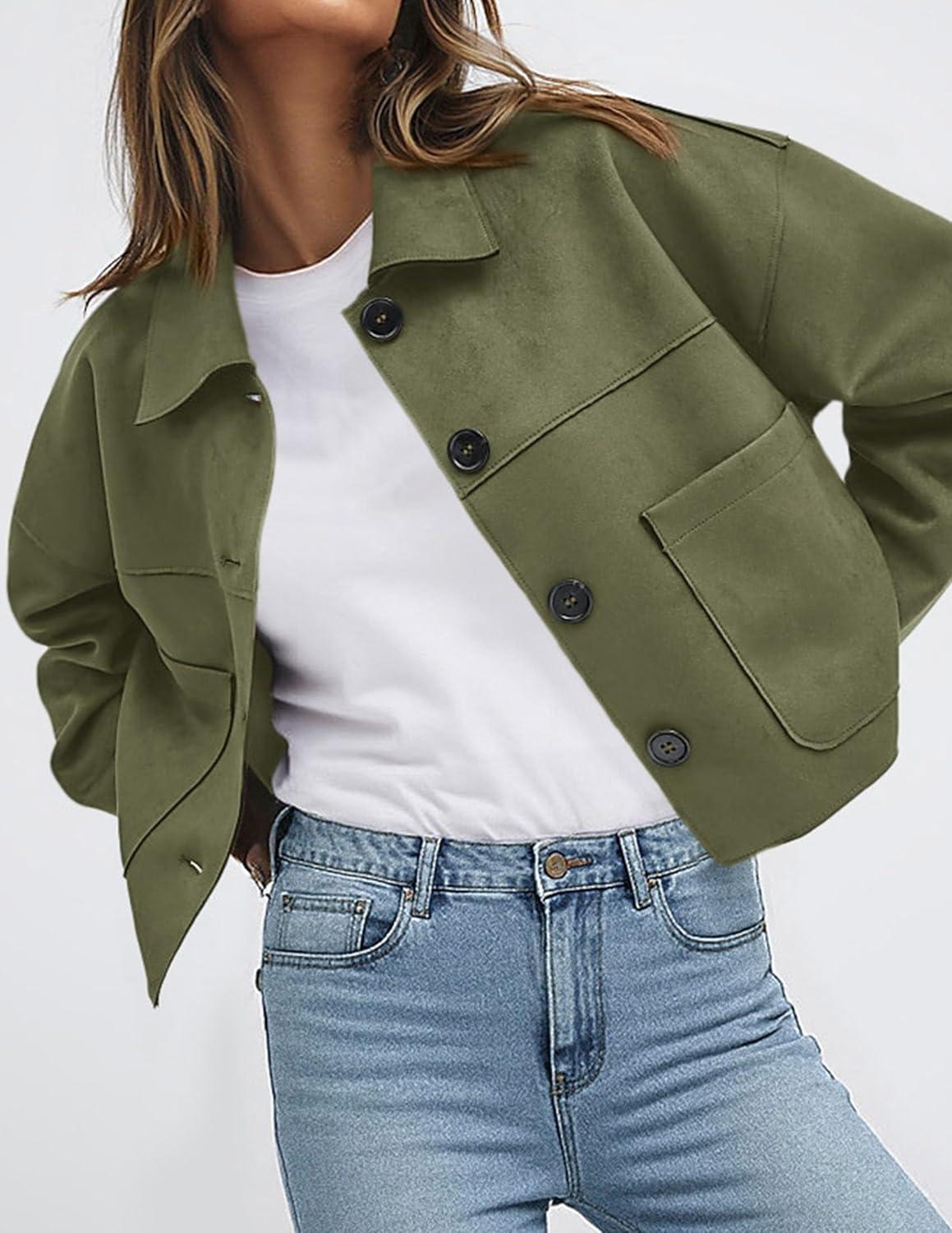imagePRETTYGARDEN Womens Faux Suede Cropped Jacket Casual Lightweight Fall Fashion 2026 Winter Coats Outerwear Trendy ClothesArmy Green