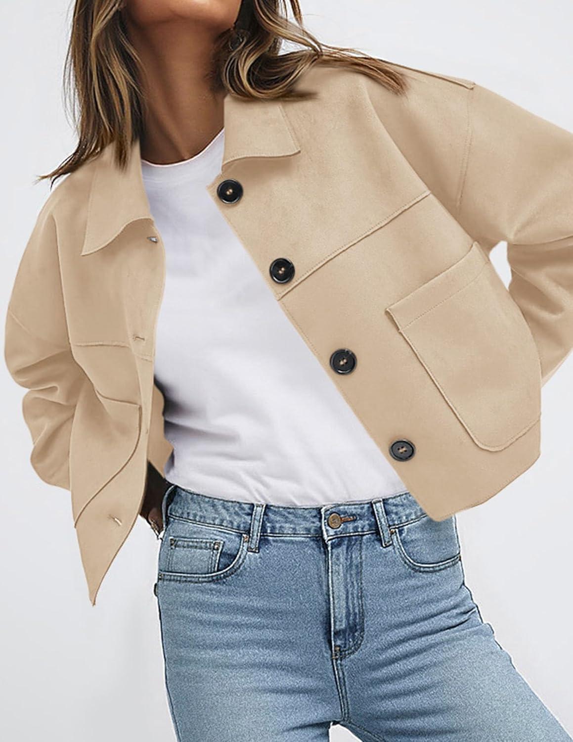 imagePRETTYGARDEN Womens Faux Suede Cropped Jacket Casual Lightweight Fall Fashion 2026 Winter Coats Outerwear Trendy ClothesBeige