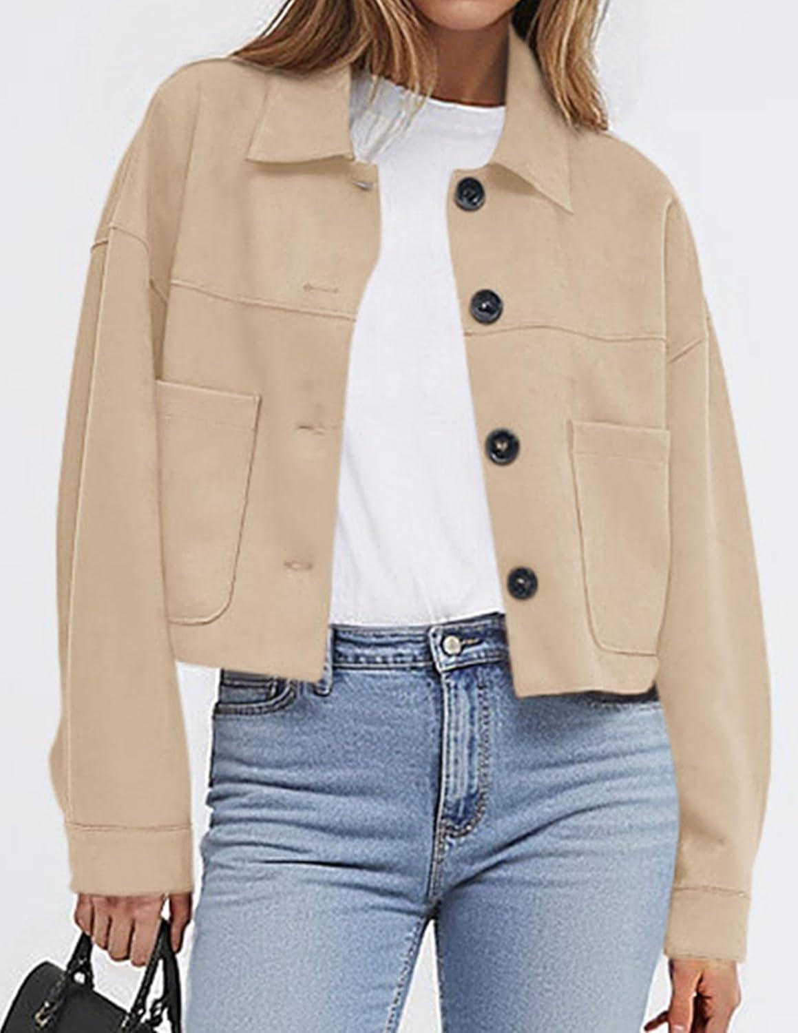 imagePRETTYGARDEN Womens Faux Suede Cropped Jacket Casual Lightweight Fall Fashion 2026 Winter Coats Outerwear Trendy ClothesBeige