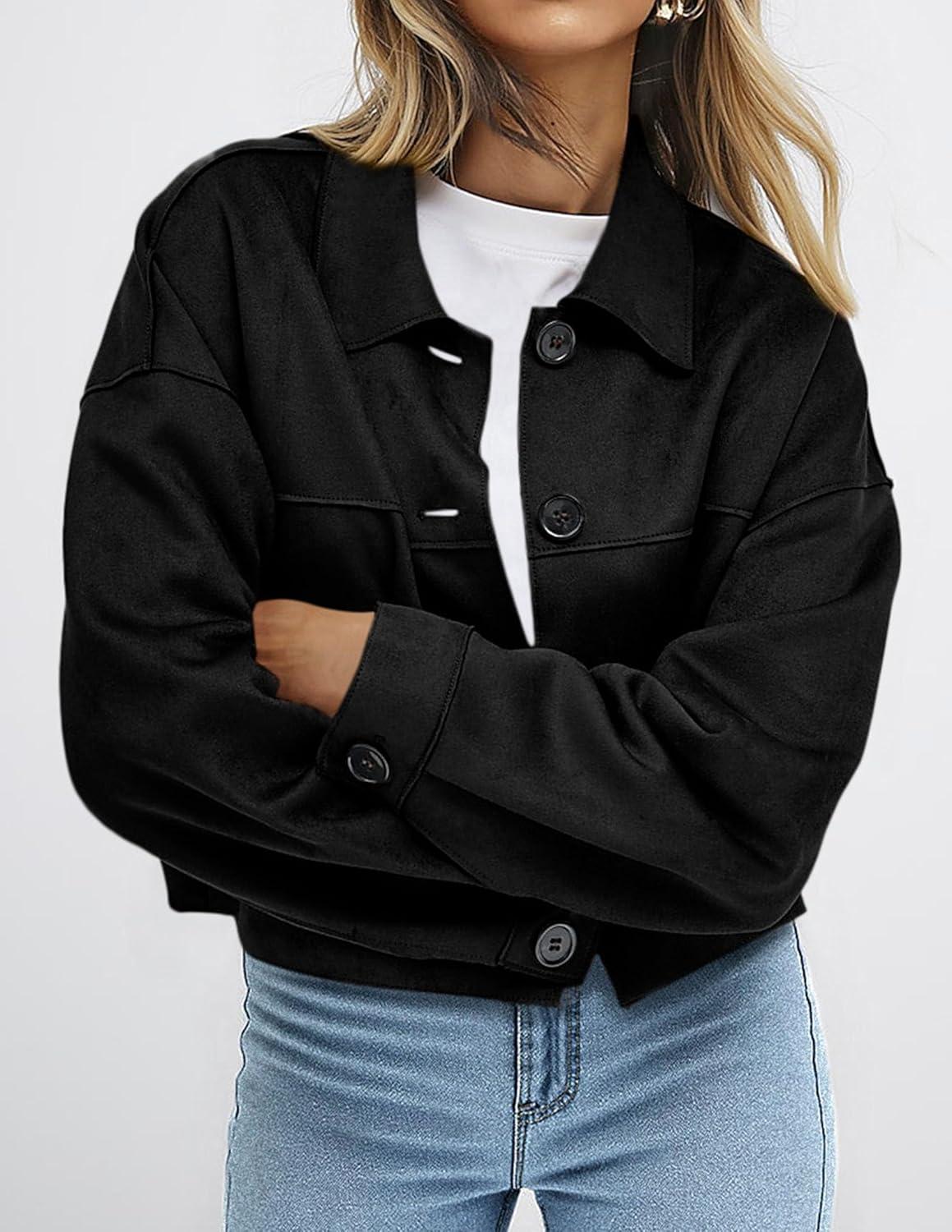 imagePRETTYGARDEN Womens Faux Suede Cropped Jacket Casual Lightweight Fall Fashion 2026 Winter Coats Outerwear Trendy ClothesBlack