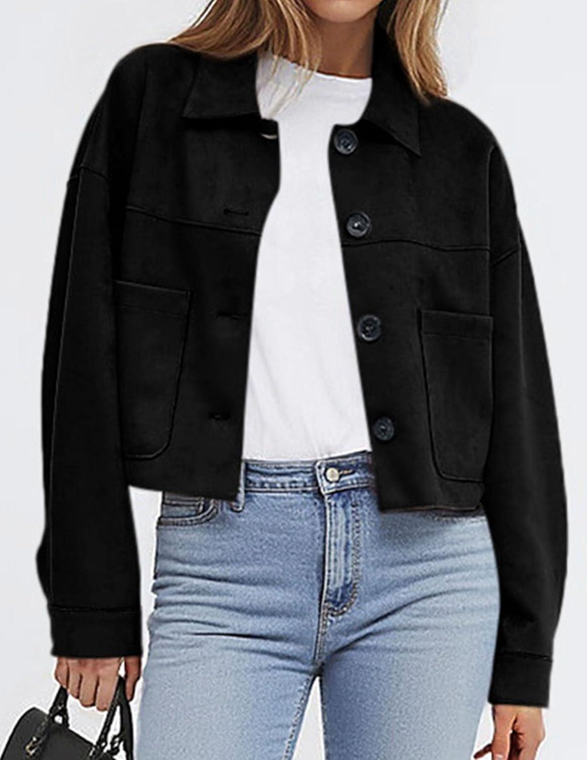 imagePRETTYGARDEN Womens Faux Suede Cropped Jacket Casual Lightweight Fall Fashion 2026 Winter Coats Outerwear Trendy ClothesBlack