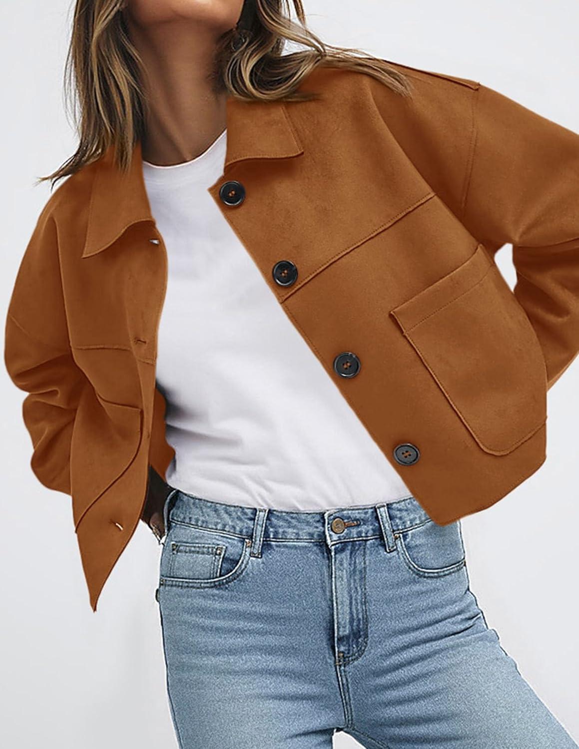 imagePRETTYGARDEN Womens Faux Suede Cropped Jacket Casual Lightweight Fall Fashion 2026 Winter Coats Outerwear Trendy ClothesBrown