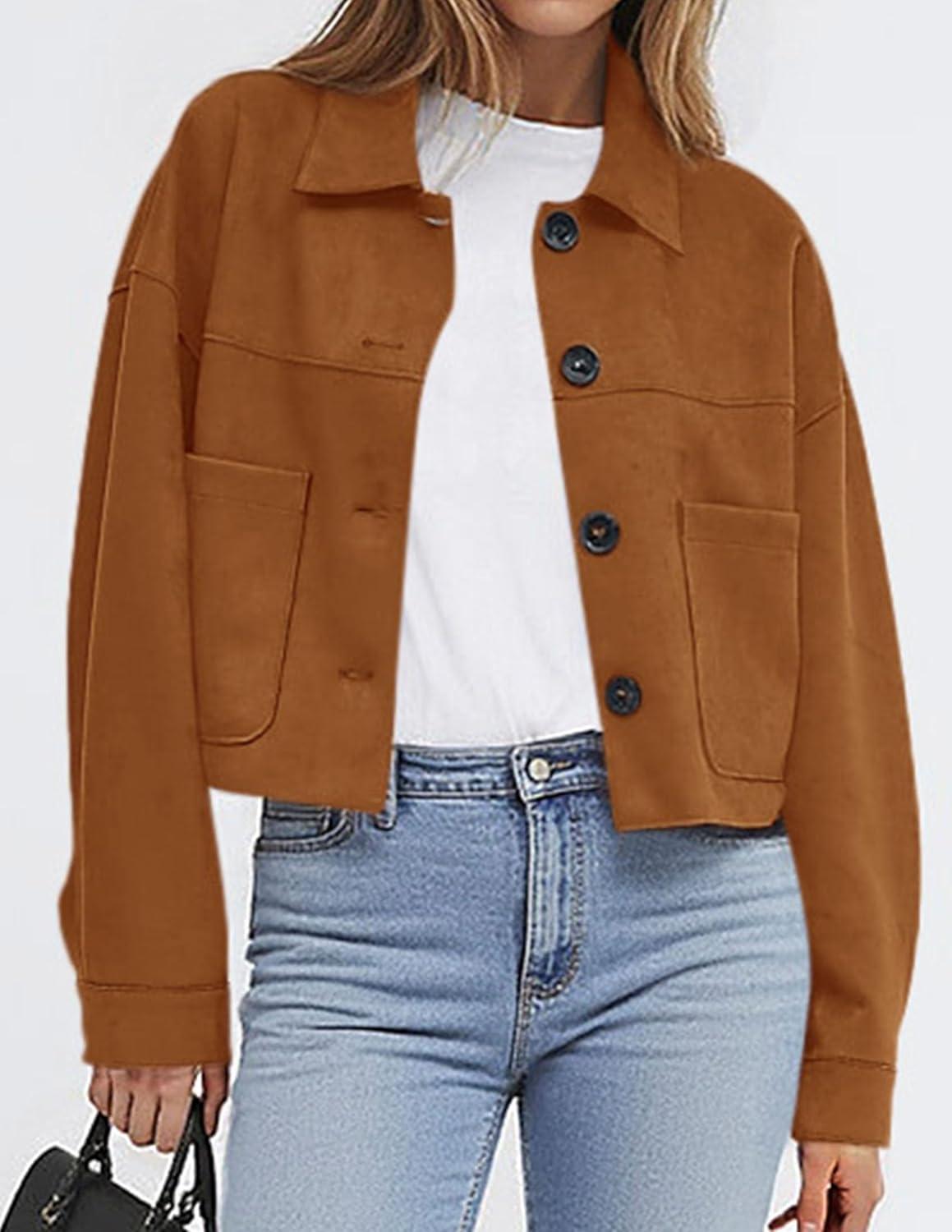 imagePRETTYGARDEN Womens Faux Suede Cropped Jacket Casual Lightweight Fall Fashion 2026 Winter Coats Outerwear Trendy ClothesBrown