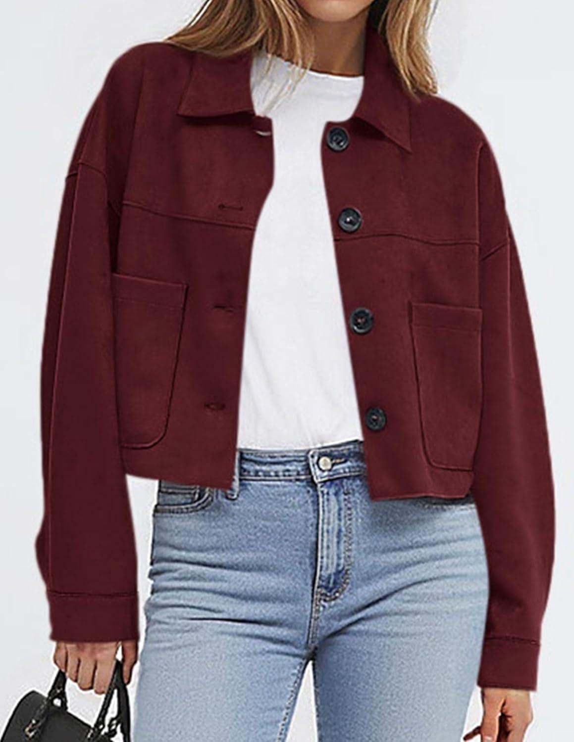 imagePRETTYGARDEN Womens Faux Suede Cropped Jacket Casual Lightweight Fall Fashion 2026 Winter Coats Outerwear Trendy ClothesBurgundy