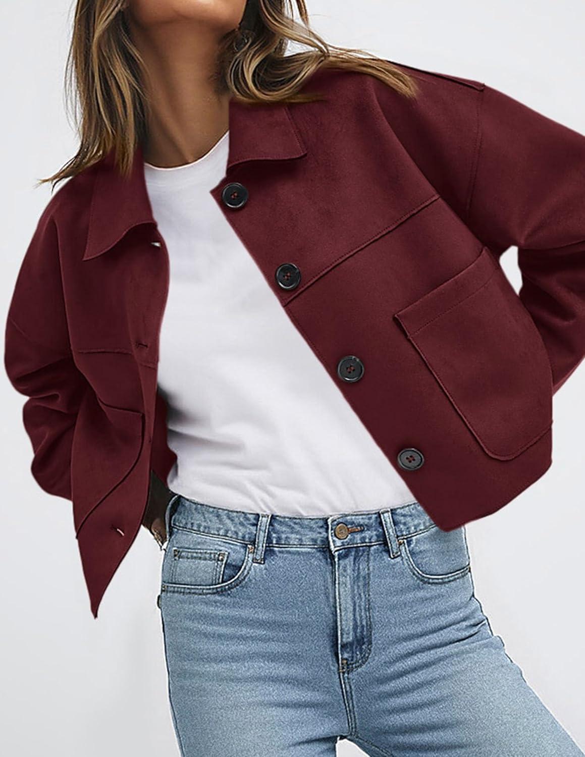 imagePRETTYGARDEN Womens Faux Suede Cropped Jacket Casual Lightweight Fall Fashion 2026 Winter Coats Outerwear Trendy ClothesBurgundy