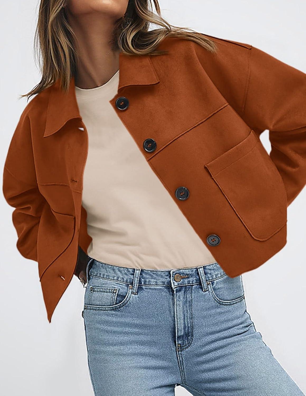 imagePRETTYGARDEN Womens Faux Suede Cropped Jacket Casual Lightweight Fall Fashion 2026 Winter Coats Outerwear Trendy ClothesBurnt Orange