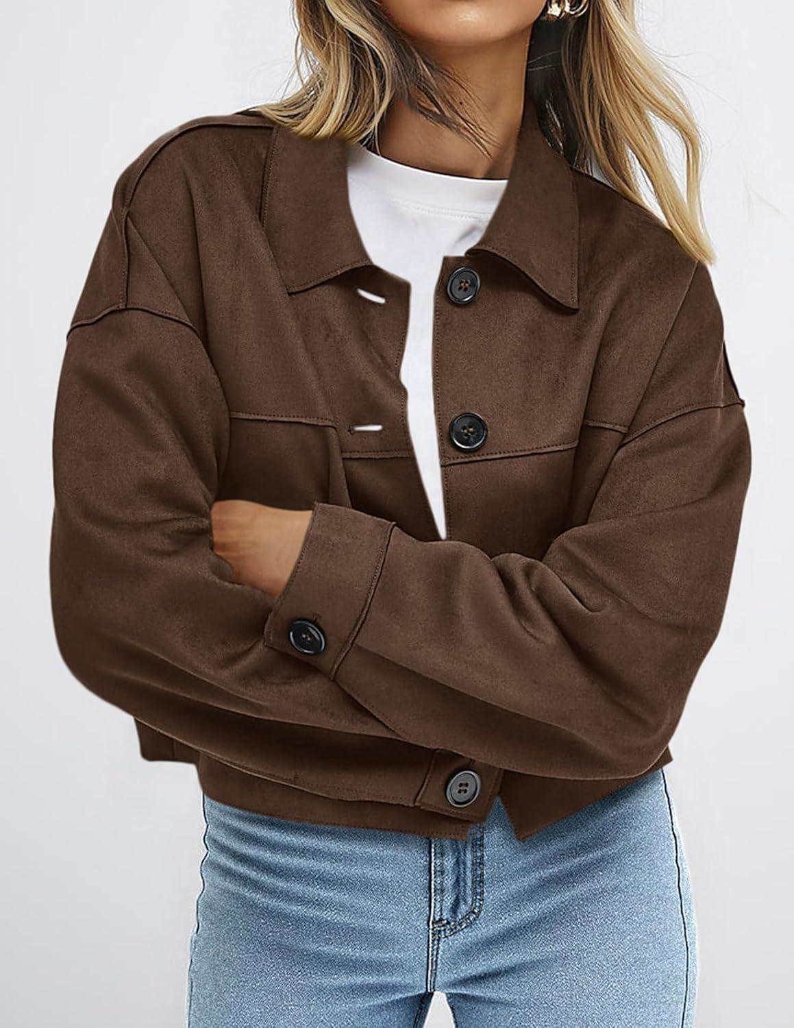 imagePRETTYGARDEN Womens Faux Suede Cropped Jacket Casual Lightweight Fall Fashion 2026 Winter Coats Outerwear Trendy ClothesDark Brown
