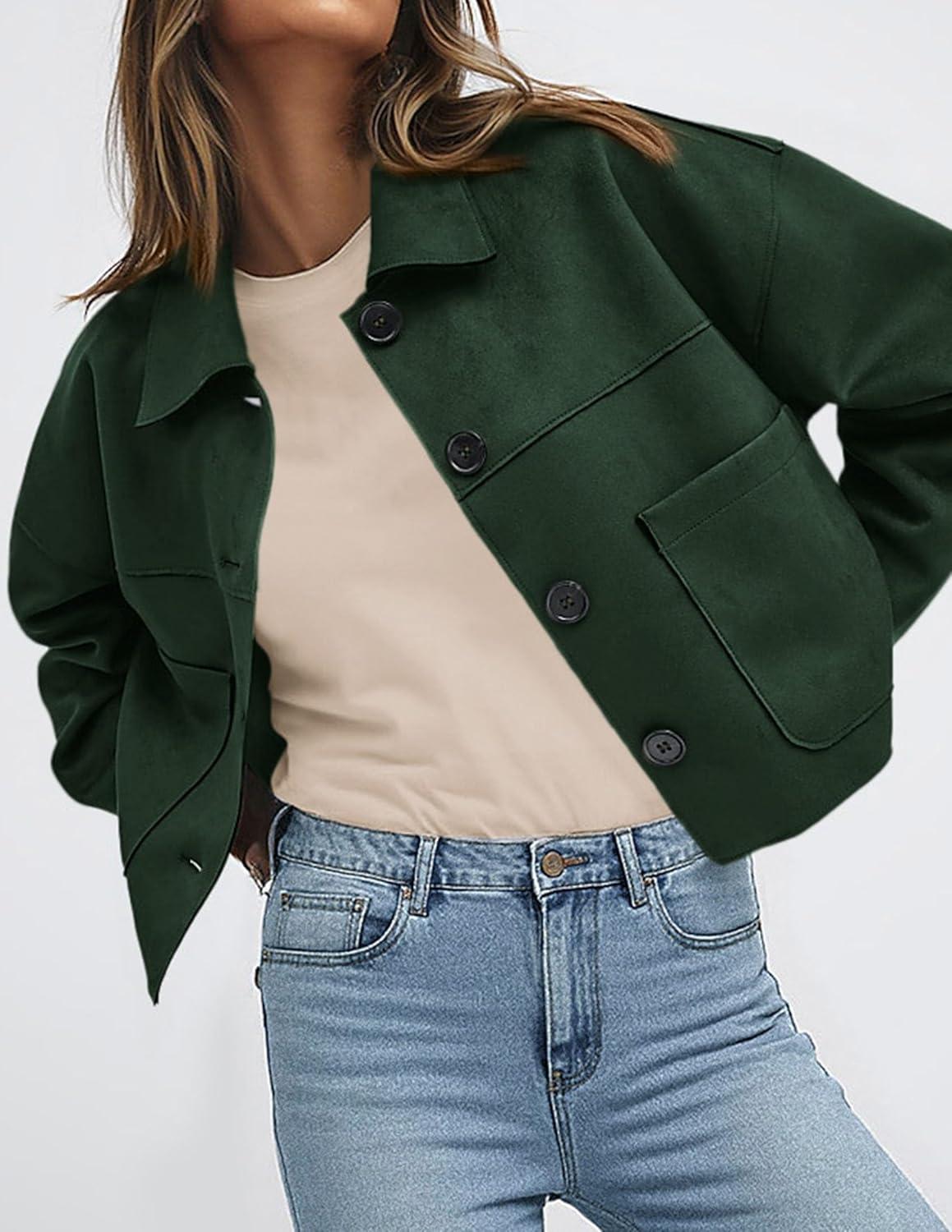imagePRETTYGARDEN Womens Faux Suede Cropped Jacket Casual Lightweight Fall Fashion 2026 Winter Coats Outerwear Trendy ClothesDark Green
