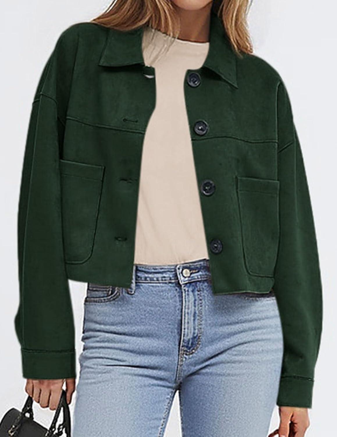 imagePRETTYGARDEN Womens Faux Suede Cropped Jacket Casual Lightweight Fall Fashion 2026 Winter Coats Outerwear Trendy ClothesDark Green