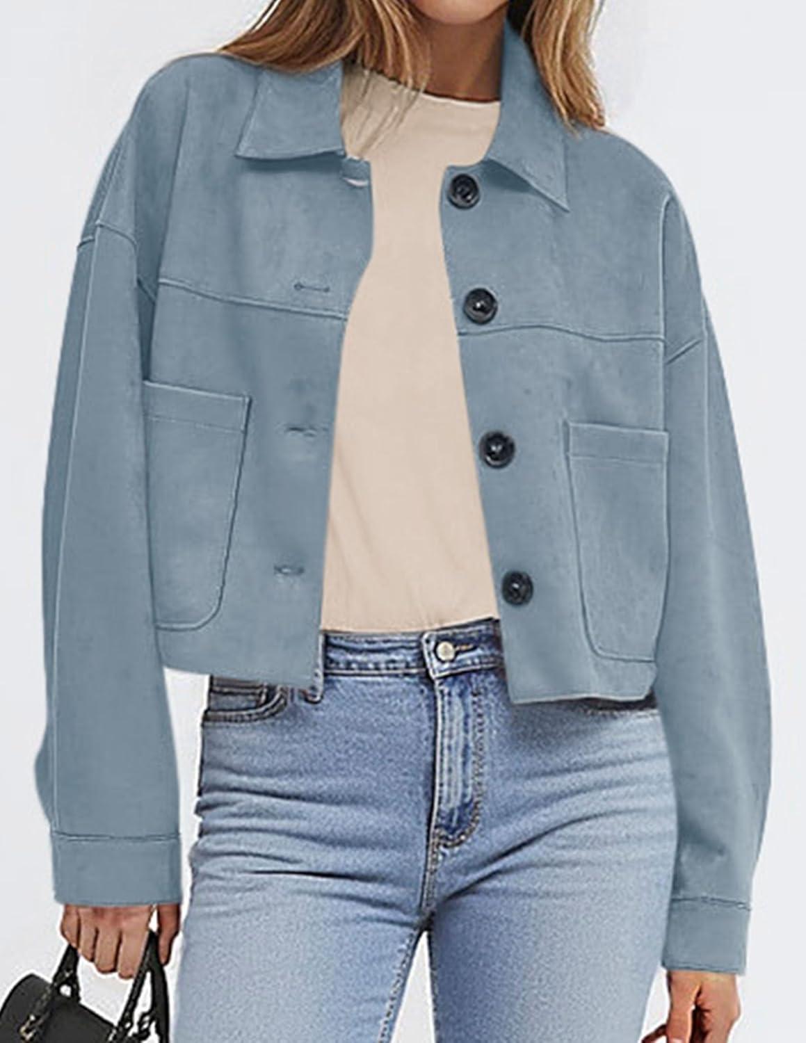 imagePRETTYGARDEN Womens Faux Suede Cropped Jacket Casual Lightweight Fall Fashion 2026 Winter Coats Outerwear Trendy ClothesLight Blue