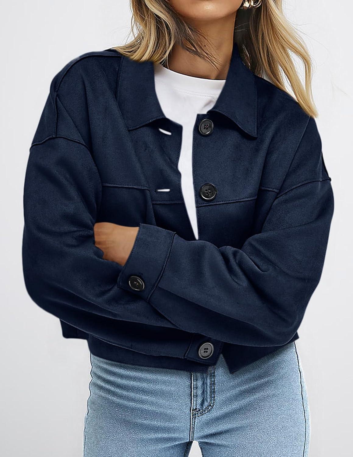 imagePRETTYGARDEN Womens Faux Suede Cropped Jacket Casual Lightweight Fall Fashion 2026 Winter Coats Outerwear Trendy ClothesNavy Blue