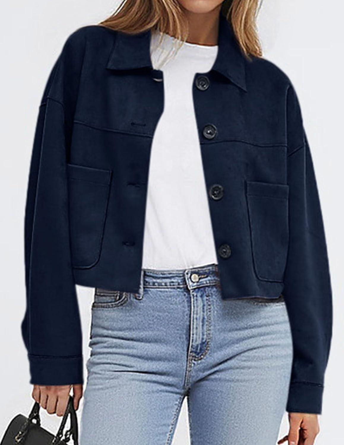 imagePRETTYGARDEN Womens Faux Suede Cropped Jacket Casual Lightweight Fall Fashion 2026 Winter Coats Outerwear Trendy ClothesNavy Blue