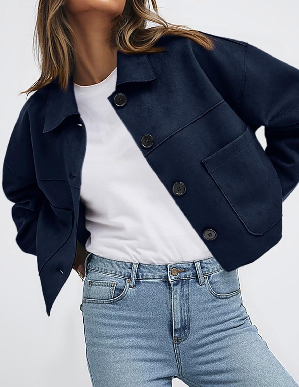 imagePRETTYGARDEN Womens Faux Suede Cropped Jacket Casual Lightweight Fall Fashion 2026 Winter Coats Outerwear Trendy ClothesNavy Blue