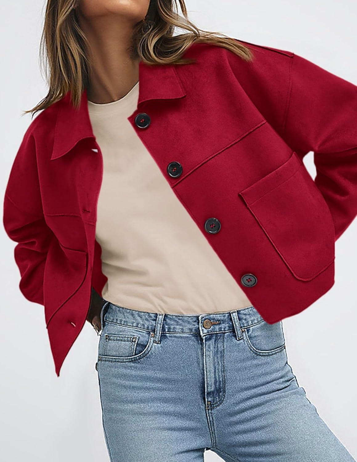 imagePRETTYGARDEN Womens Faux Suede Cropped Jacket Casual Lightweight Fall Fashion 2026 Winter Coats Outerwear Trendy ClothesRed
