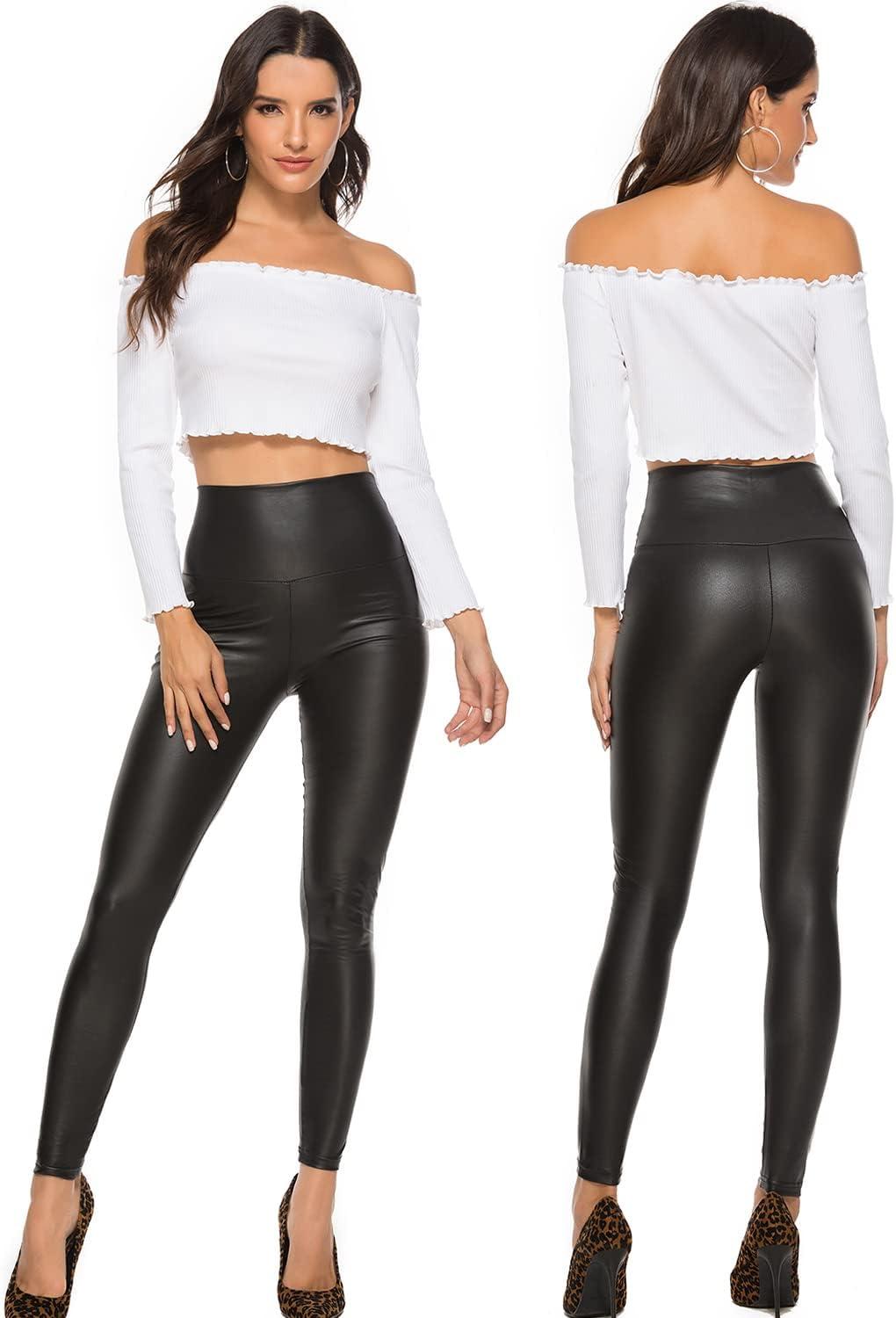 imageRIOJOY Womens Sexy Leather Leggings PU High Waist Butt Lifting Pleather Pants Stretchy Faux Leather Tights Push UpAbasic Matt Black