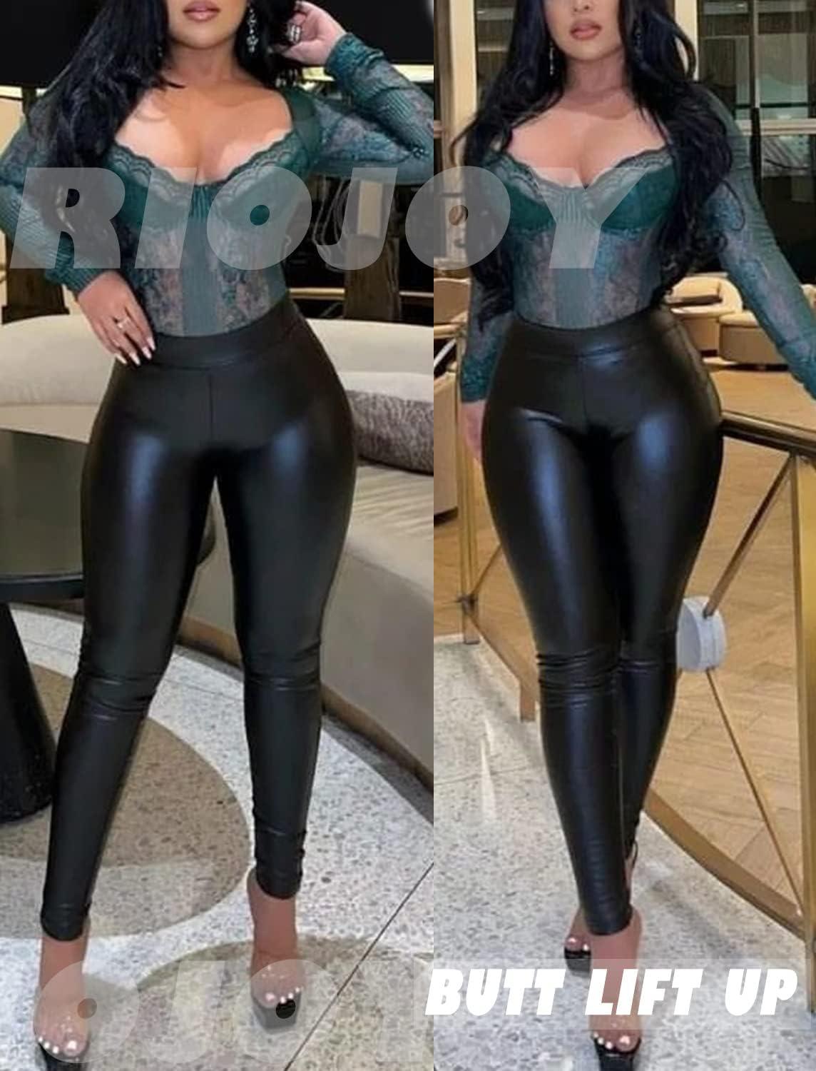 imageRIOJOY Womens Sexy Leather Leggings PU High Waist Butt Lifting Pleather Pants Stretchy Faux Leather Tights Push UpAbasic Matt Black