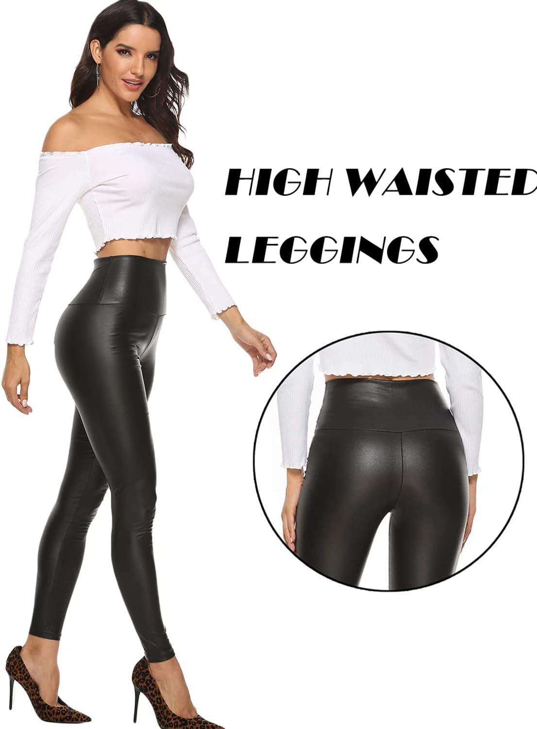 imageRIOJOY Womens Sexy Leather Leggings PU High Waist Butt Lifting Pleather Pants Stretchy Faux Leather Tights Push UpAbasic Matt Black