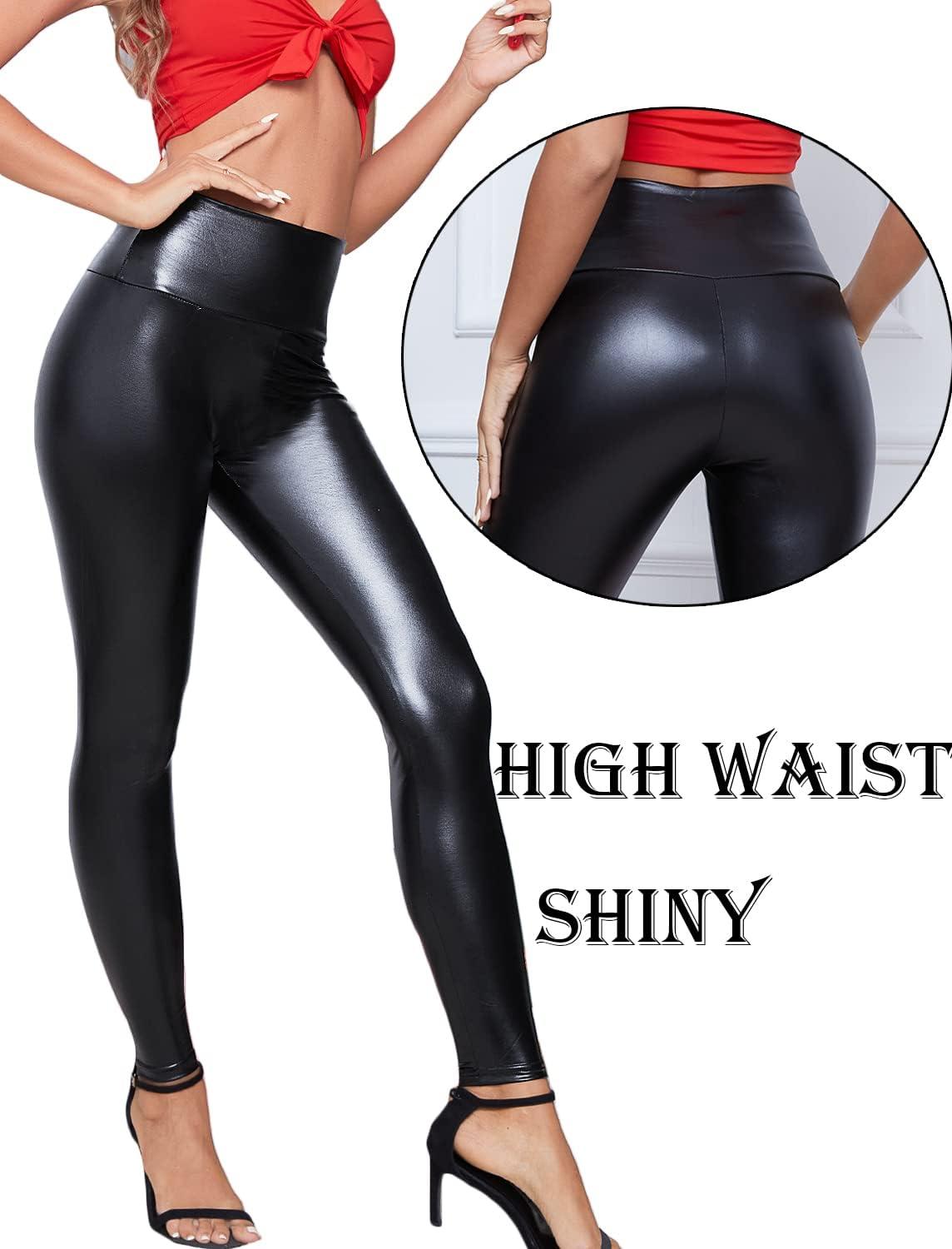 imageRIOJOY Womens Sexy Leather Leggings PU High Waist Butt Lifting Pleather Pants Stretchy Faux Leather Tights Push UpAbasic Shiny Black