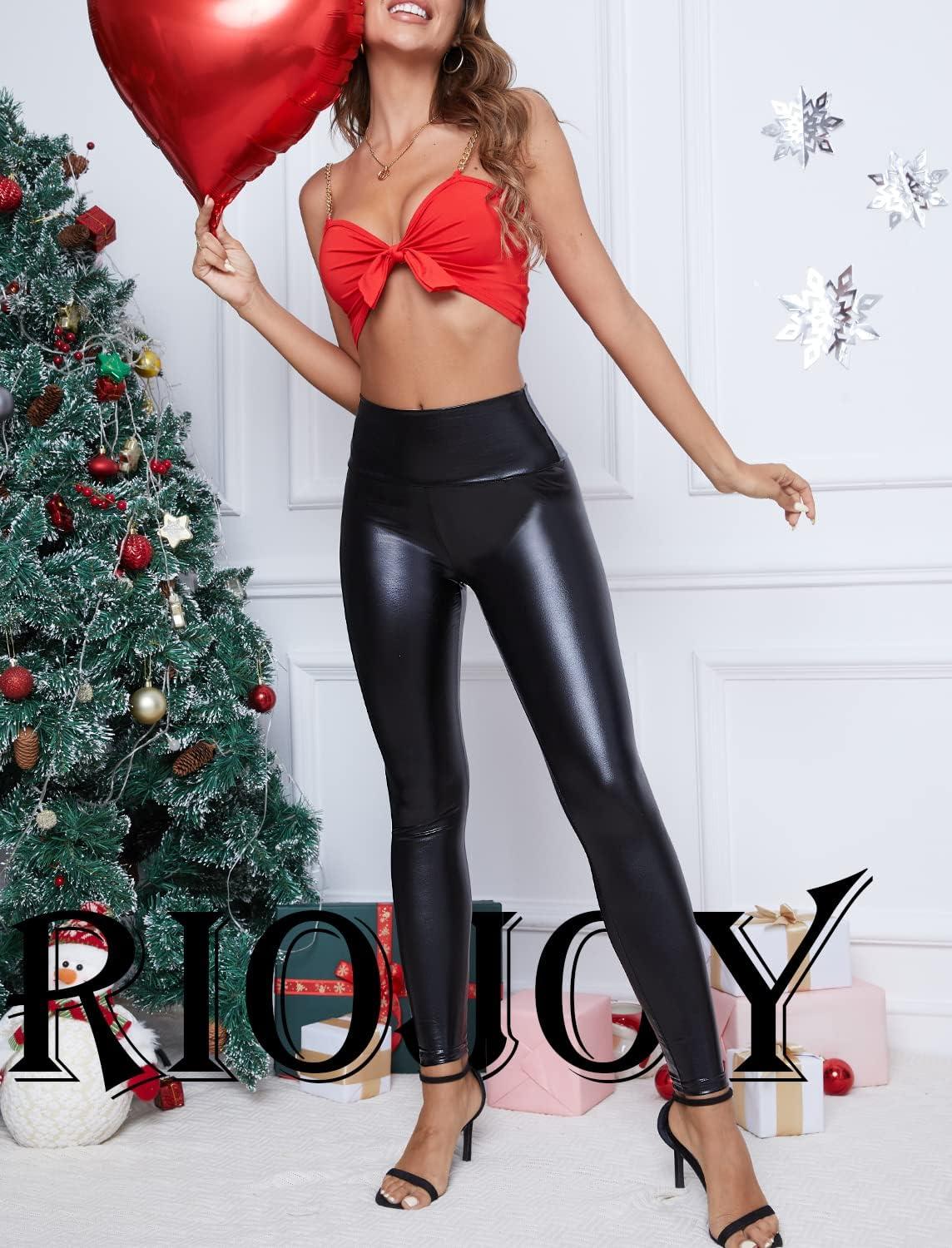 imageRIOJOY Womens Sexy Leather Leggings PU High Waist Butt Lifting Pleather Pants Stretchy Faux Leather Tights Push UpAbasic Shiny Black