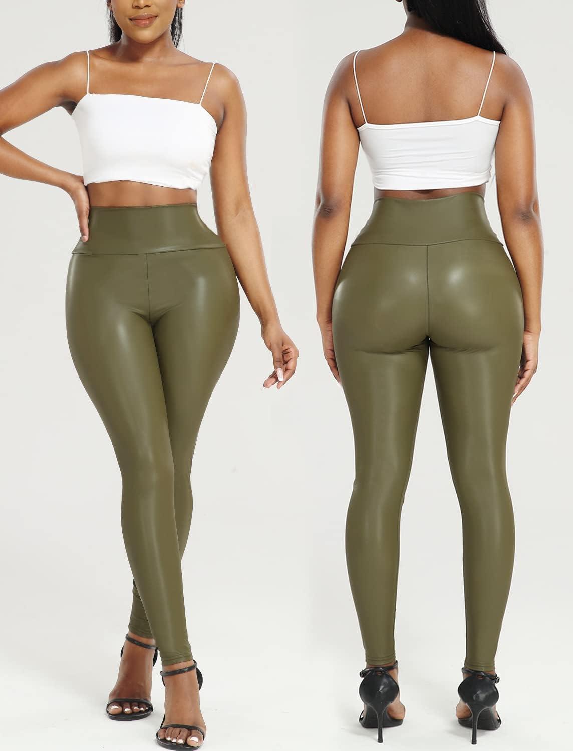 imageRIOJOY Womens Sexy Leather Leggings PU High Waist Butt Lifting Pleather Pants Stretchy Faux Leather Tights Push UpAmatt Dark Green