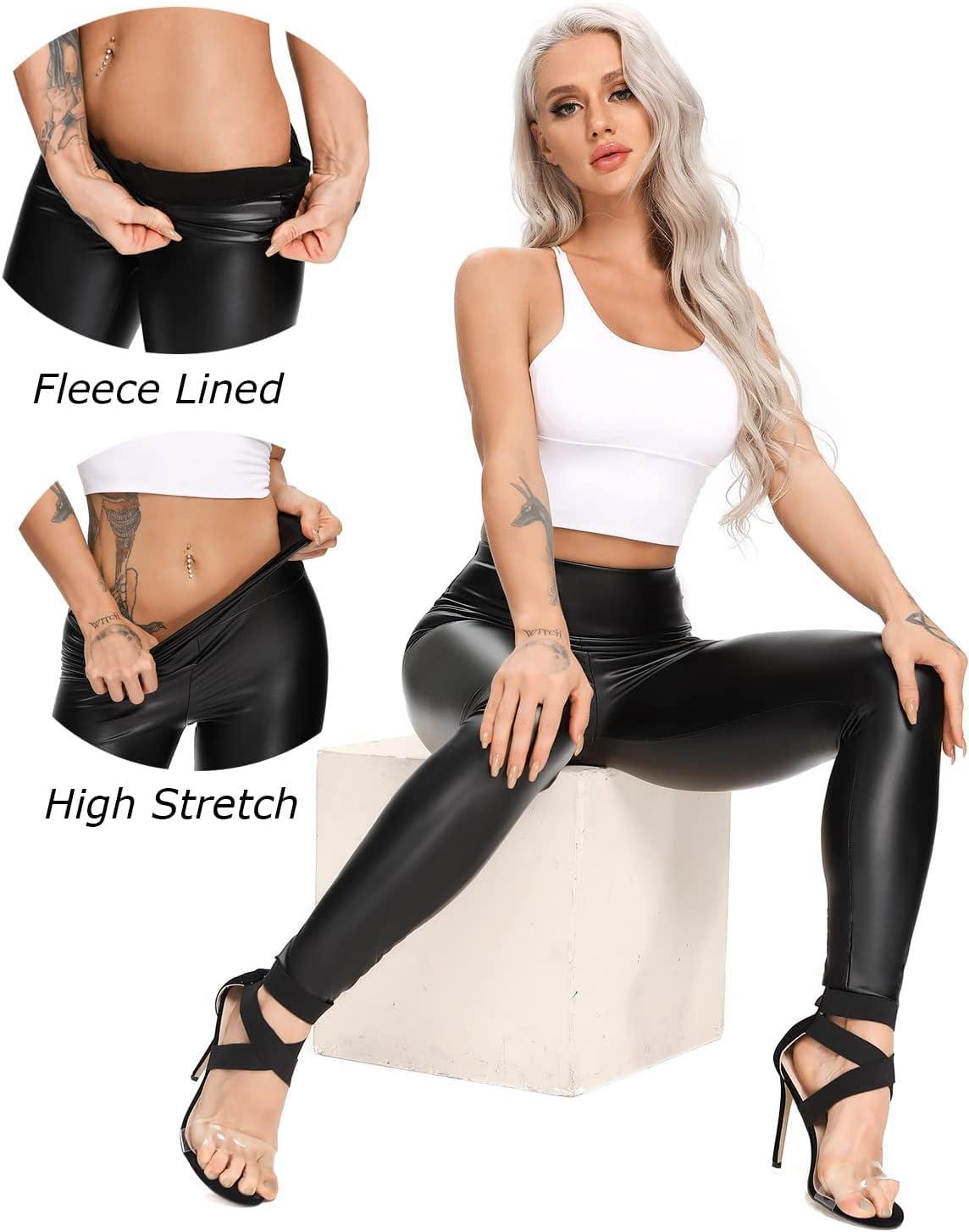 imageRIOJOY Womens Sexy Leather Leggings PU High Waist Butt Lifting Pleather Pants Stretchy Faux Leather Tights Push UpDclass Fleece Black