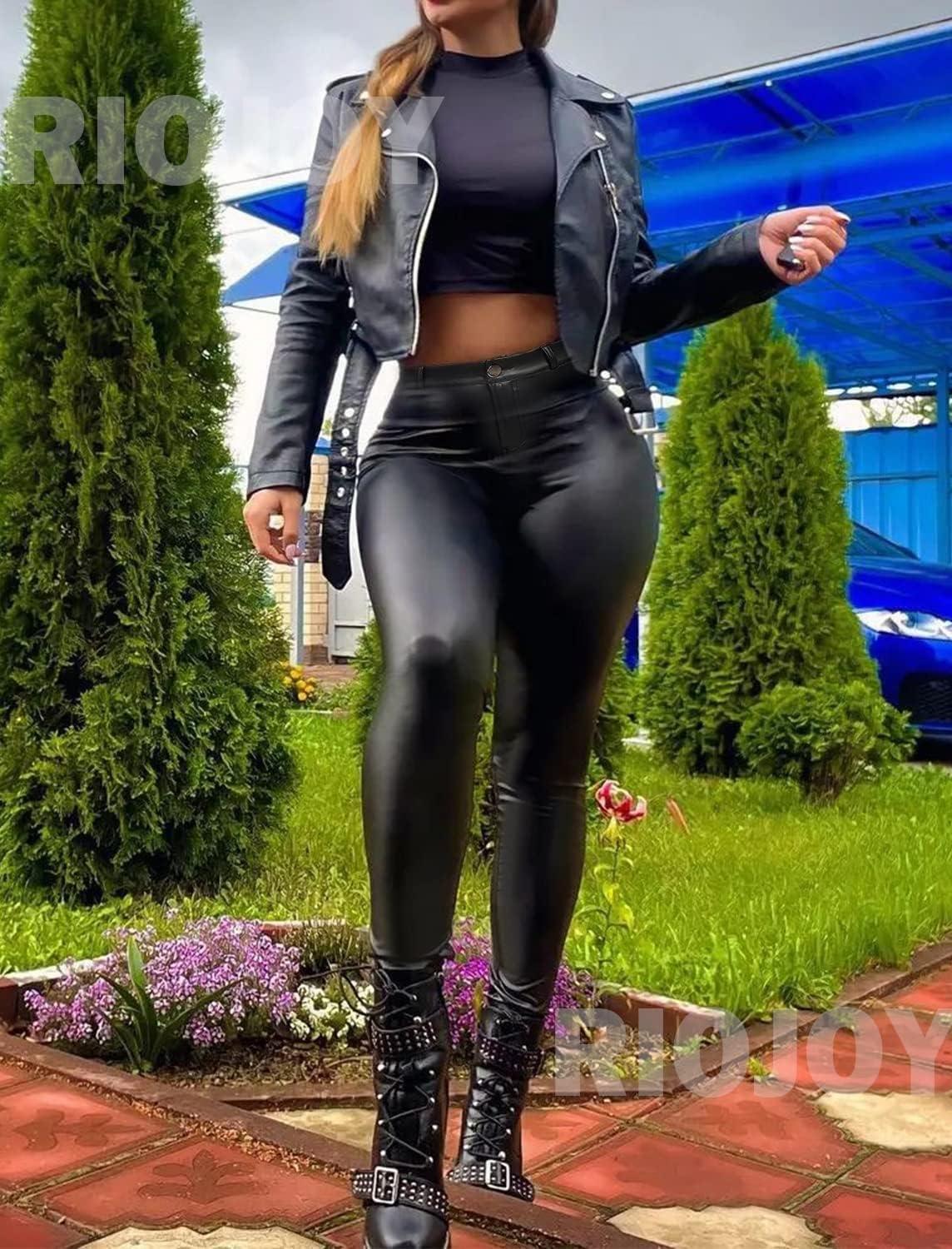 imageRIOJOY Womens Sexy Leather Leggings PU High Waist Butt Lifting Pleather Pants Stretchy Faux Leather Tights Push UpEfleece Lined Black