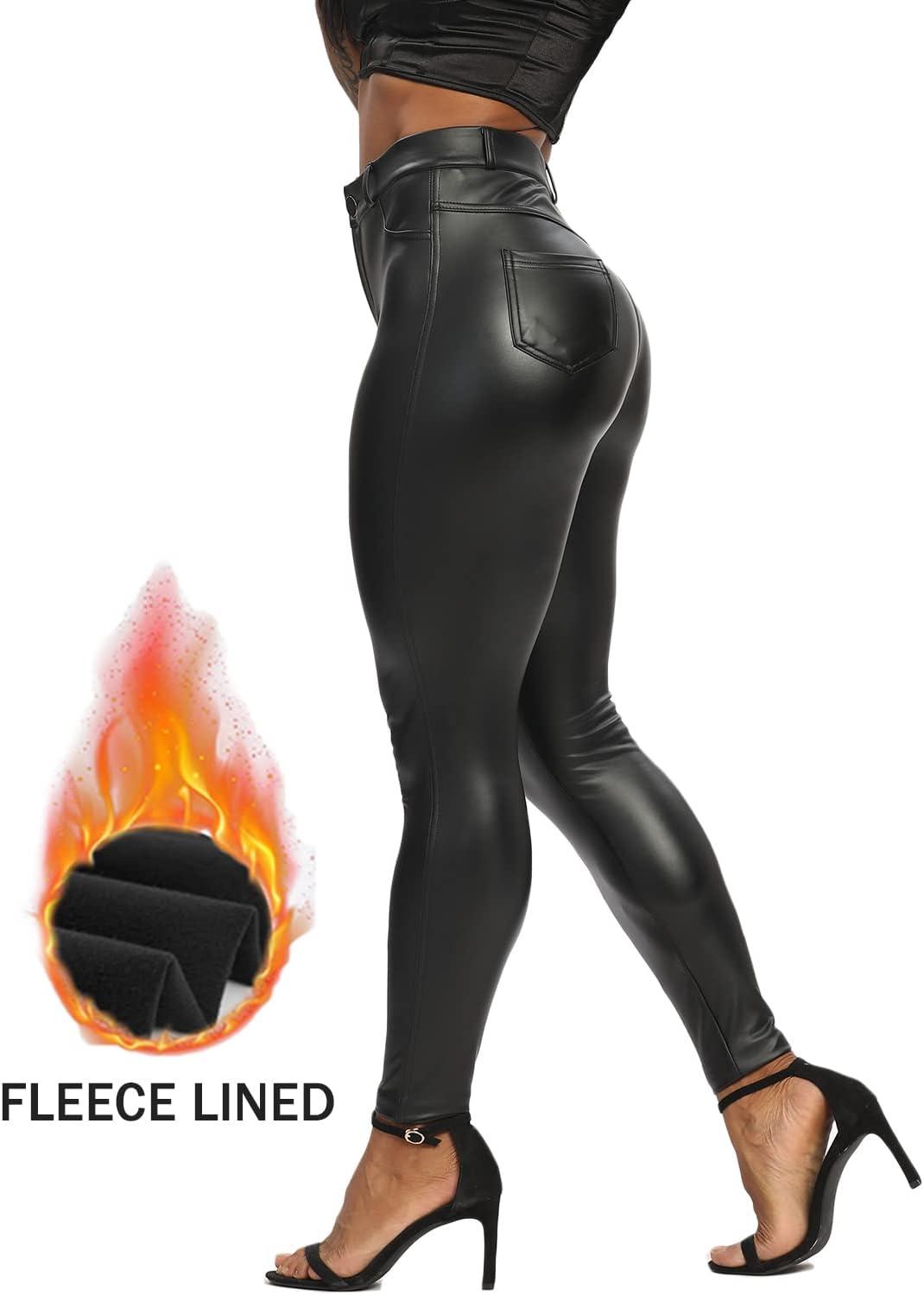 imageRIOJOY Womens Sexy Leather Leggings PU High Waist Butt Lifting Pleather Pants Stretchy Faux Leather Tights Push UpEfleece Lined Black