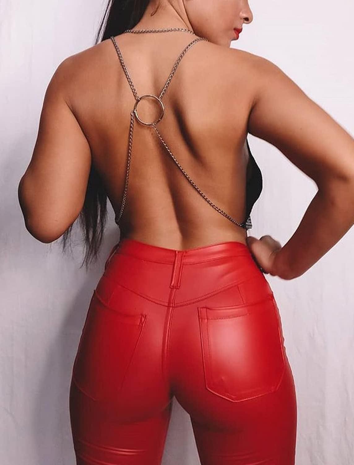 imageRIOJOY Womens Sexy Leather Leggings PU High Waist Butt Lifting Pleather Pants Stretchy Faux Leather Tights Push UpEfleece Lined Red