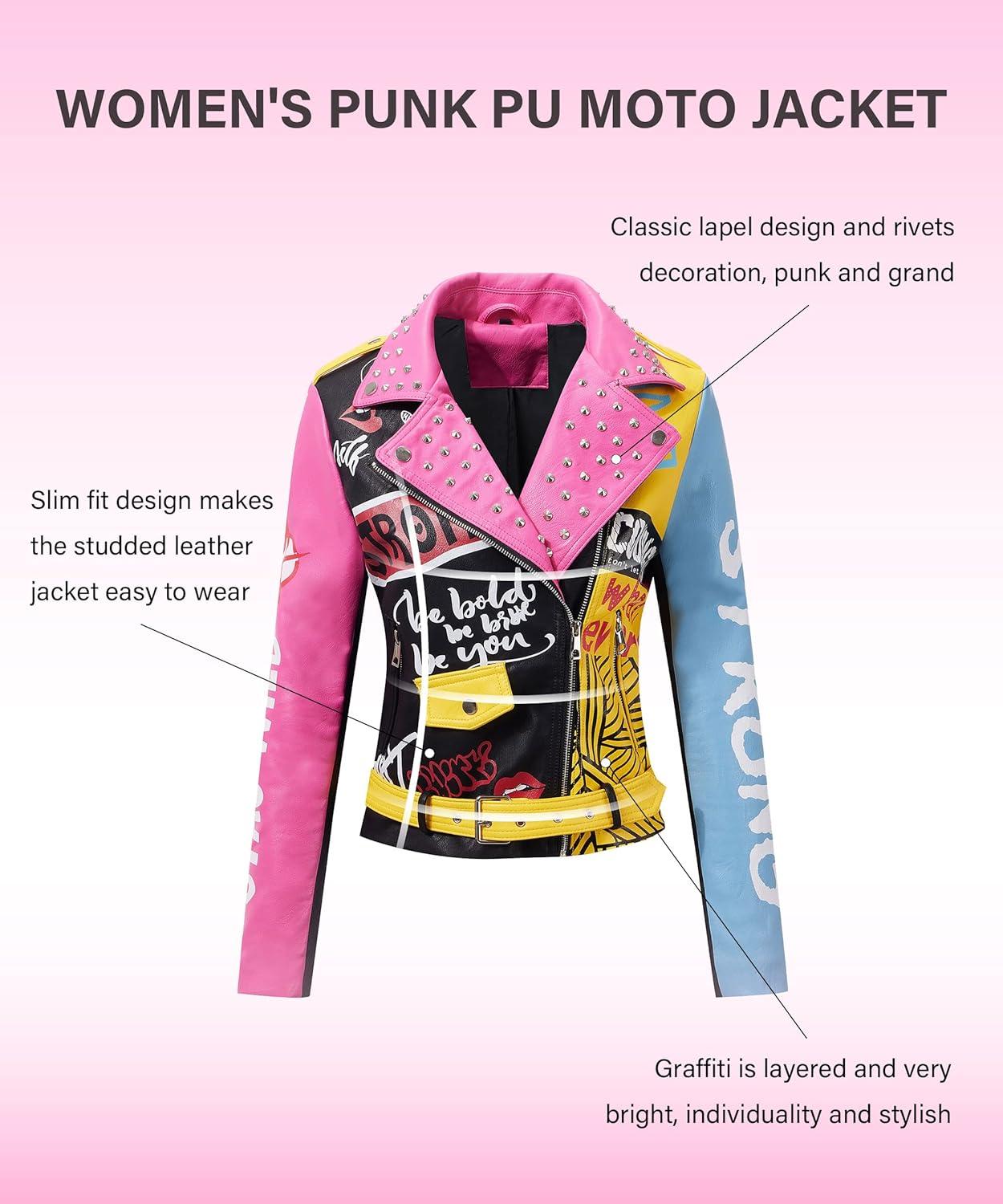 imageRISISSIDA Women Faux Leather Jacket Studded Rivet Spring Fall Fashion HipLength Moto Biker Trendy Clothes Streetwear Belted75 Blackpink