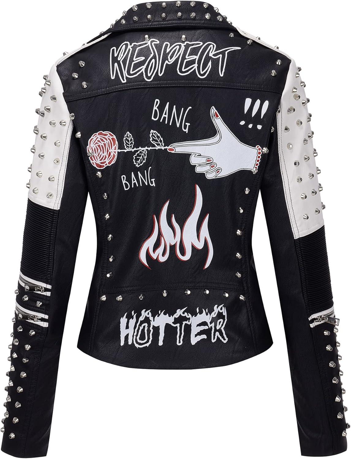 imageRISISSIDA Women Faux Leather Jacket Studded Rivet Spring Fall Fashion HipLength Moto Biker Trendy Clothes Streetwear Belted76 Blackwhite