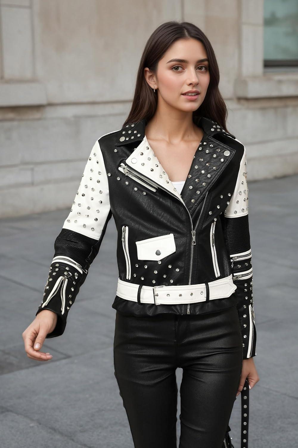 imageRISISSIDA Women Faux Leather Jacket Studded Rivet Spring Fall Fashion HipLength Moto Biker Trendy Clothes Streetwear Belted76 Blackwhite