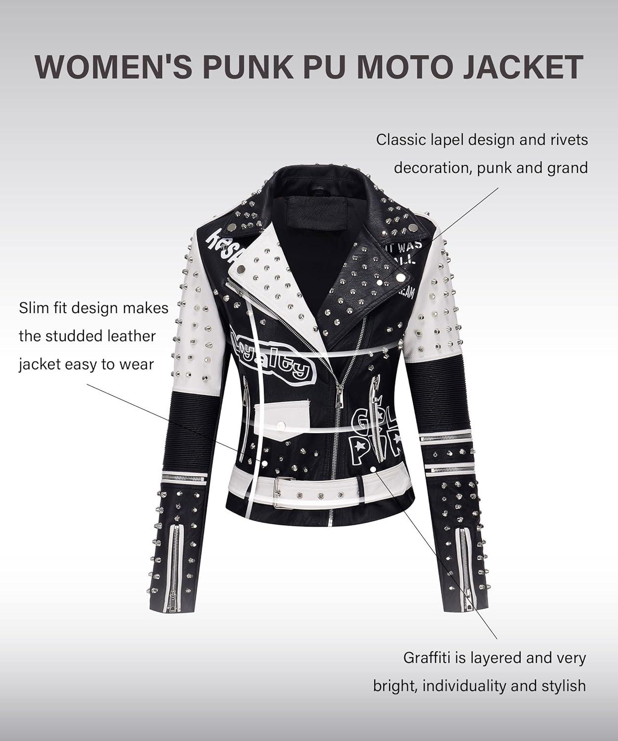 imageRISISSIDA Women Faux Leather Jacket Studded Rivet Spring Fall Fashion HipLength Moto Biker Trendy Clothes Streetwear Belted76 Blackwhite