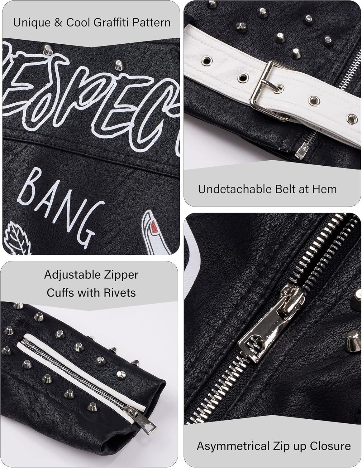 imageRISISSIDA Women Faux Leather Jacket Studded Rivet Spring Fall Fashion HipLength Moto Biker Trendy Clothes Streetwear Belted76 Blackwhite