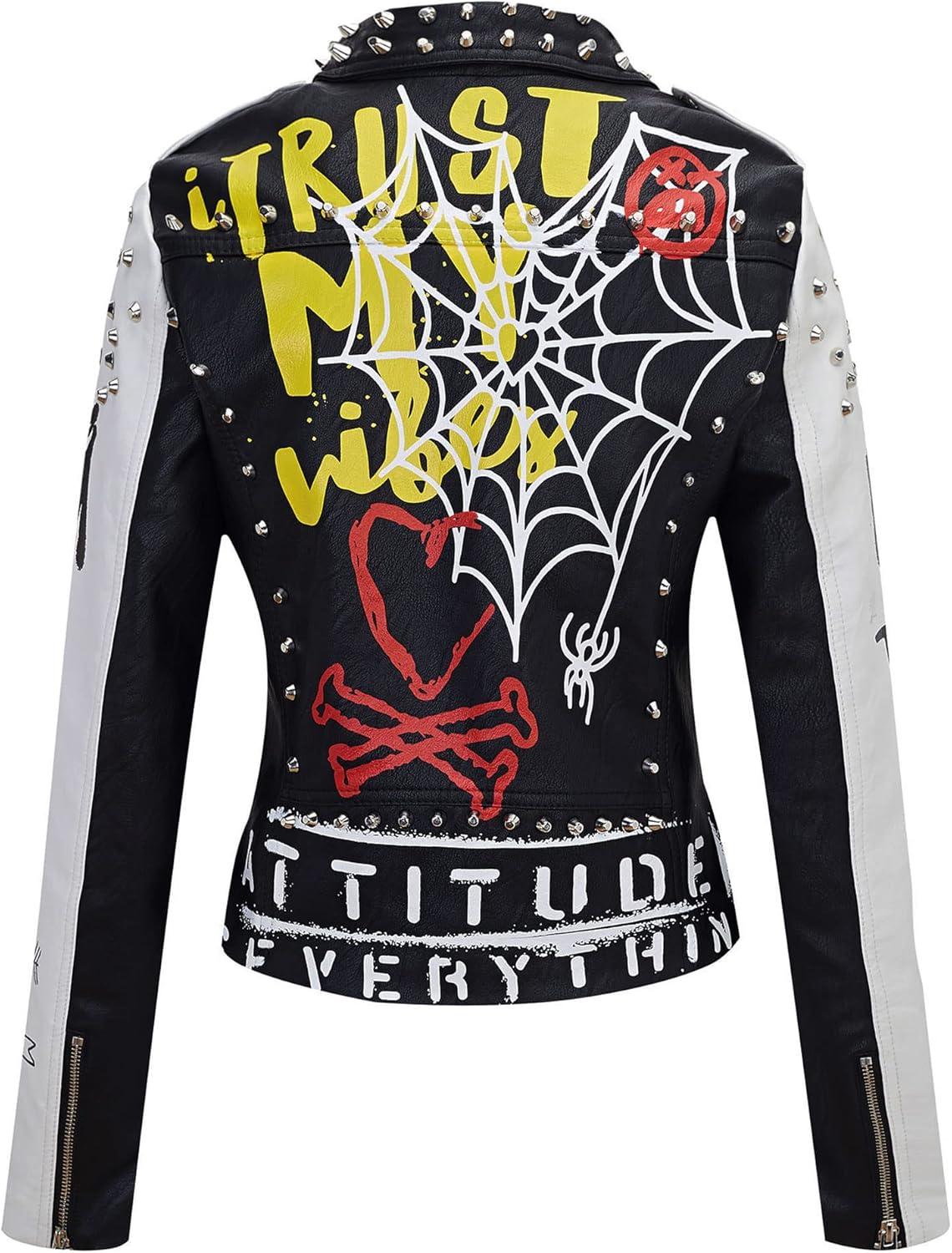 imageRISISSIDA Women Faux Leather Jacket Studded Rivet Spring Fall Fashion HipLength Moto Biker Trendy Clothes Streetwear Belted77 Blackwhite