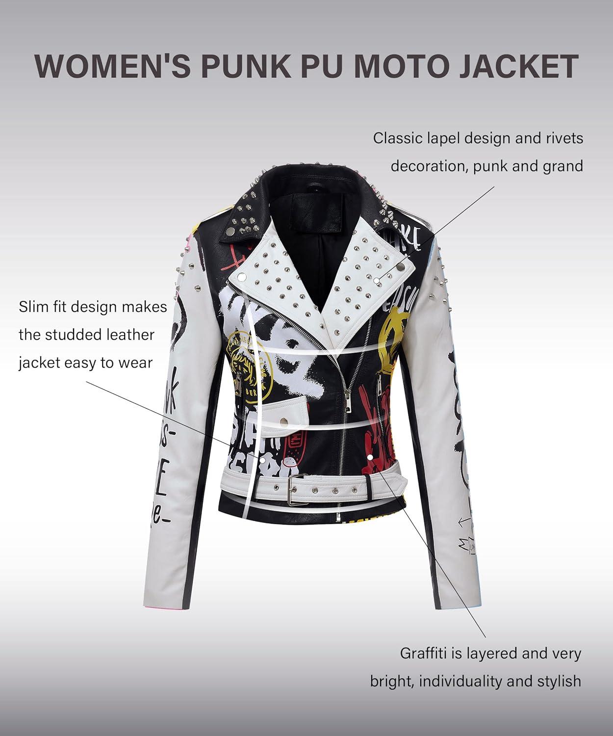 imageRISISSIDA Women Faux Leather Jacket Studded Rivet Spring Fall Fashion HipLength Moto Biker Trendy Clothes Streetwear Belted77 Blackwhite