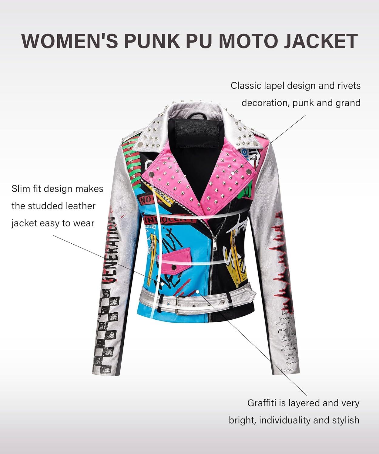 imageRISISSIDA Women Faux Leather Jacket Studded Rivet Spring Fall Fashion HipLength Moto Biker Trendy Clothes Streetwear Belted79 Blacksilver