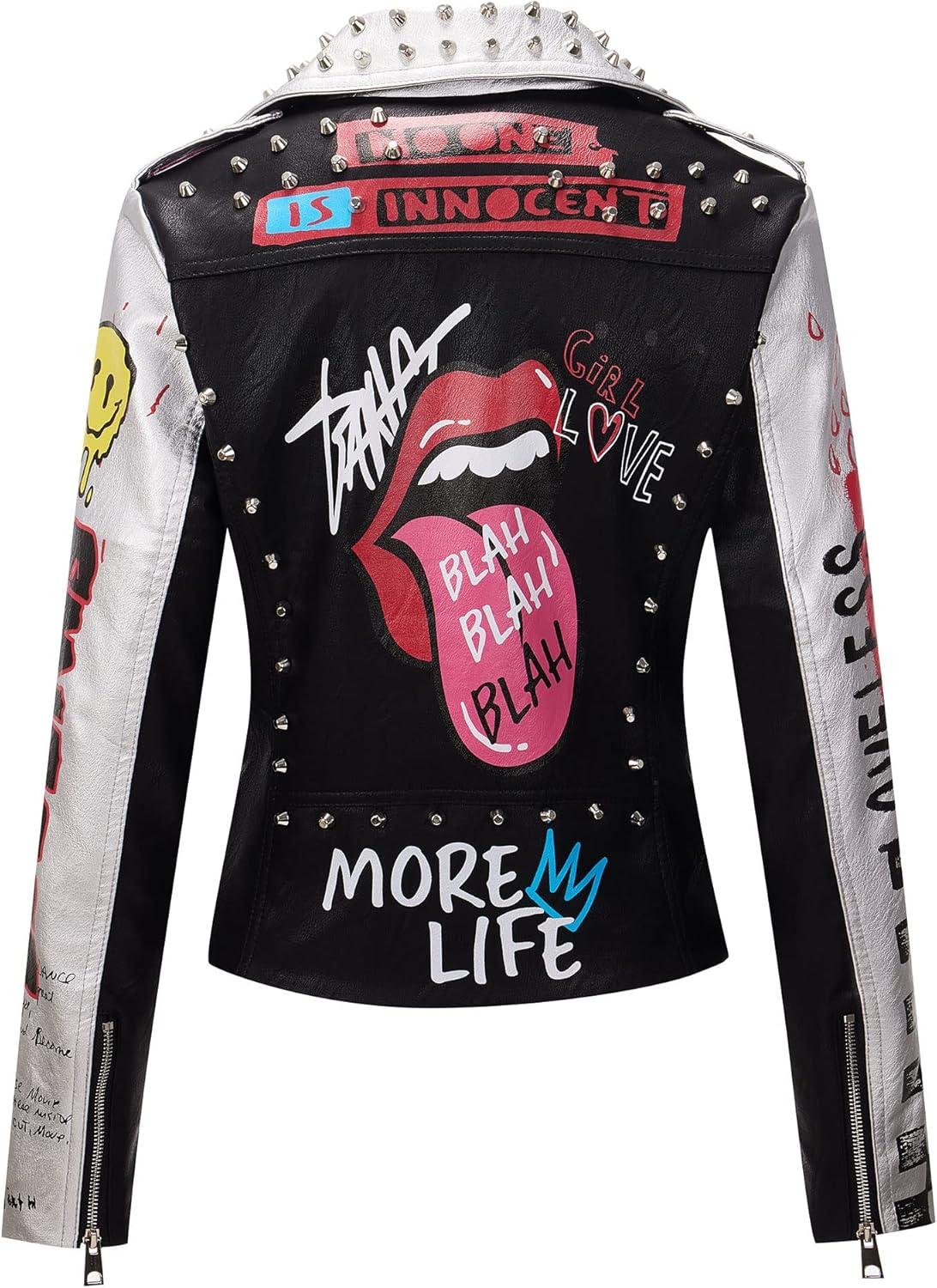 imageRISISSIDA Women Faux Leather Jacket Studded Rivet Spring Fall Fashion HipLength Moto Biker Trendy Clothes Streetwear Belted79 Blacksilver