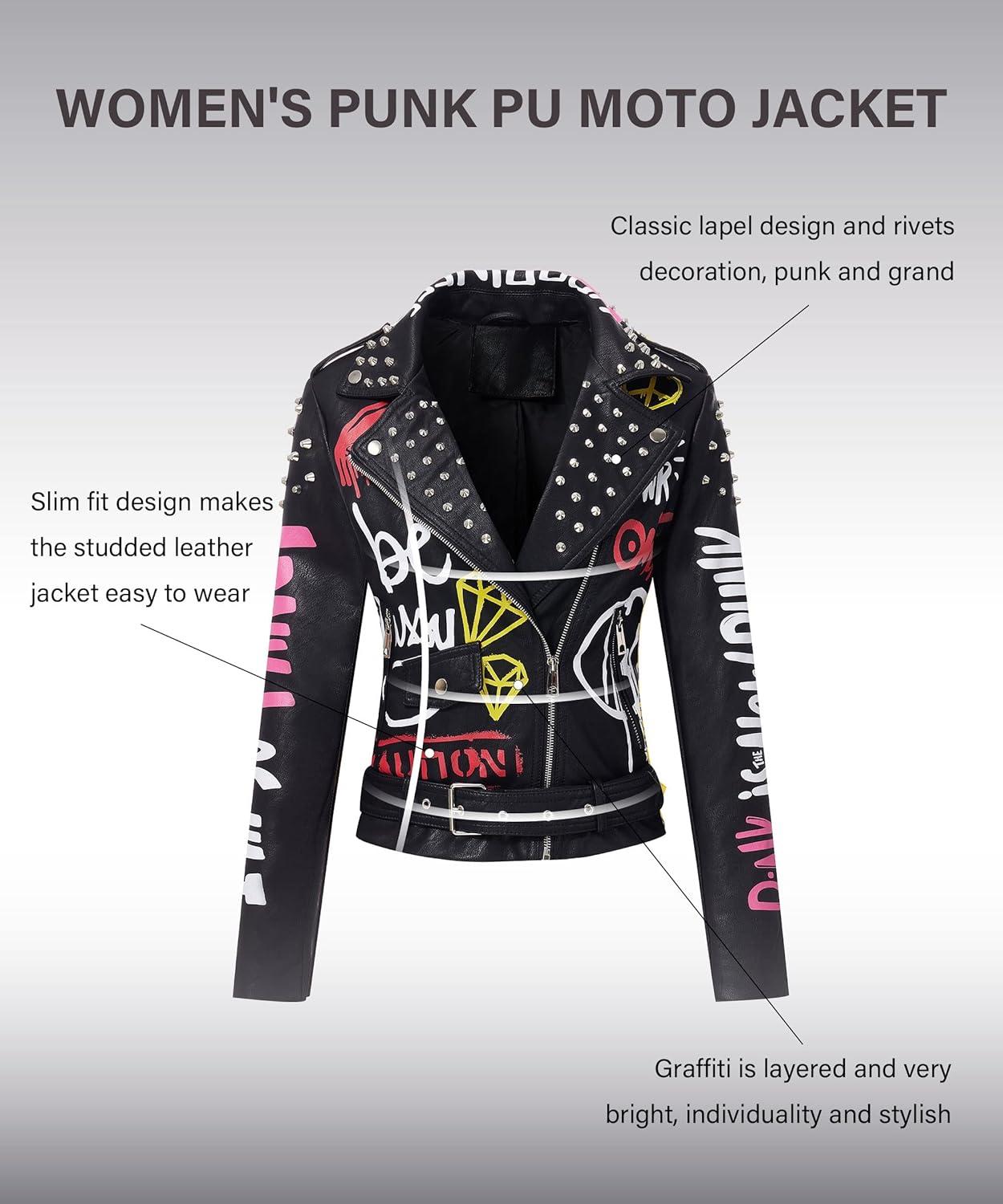 imageRISISSIDA Women Faux Leather Jacket Studded Rivet Spring Fall Fashion HipLength Moto Biker Trendy Clothes Streetwear Belted80 Black