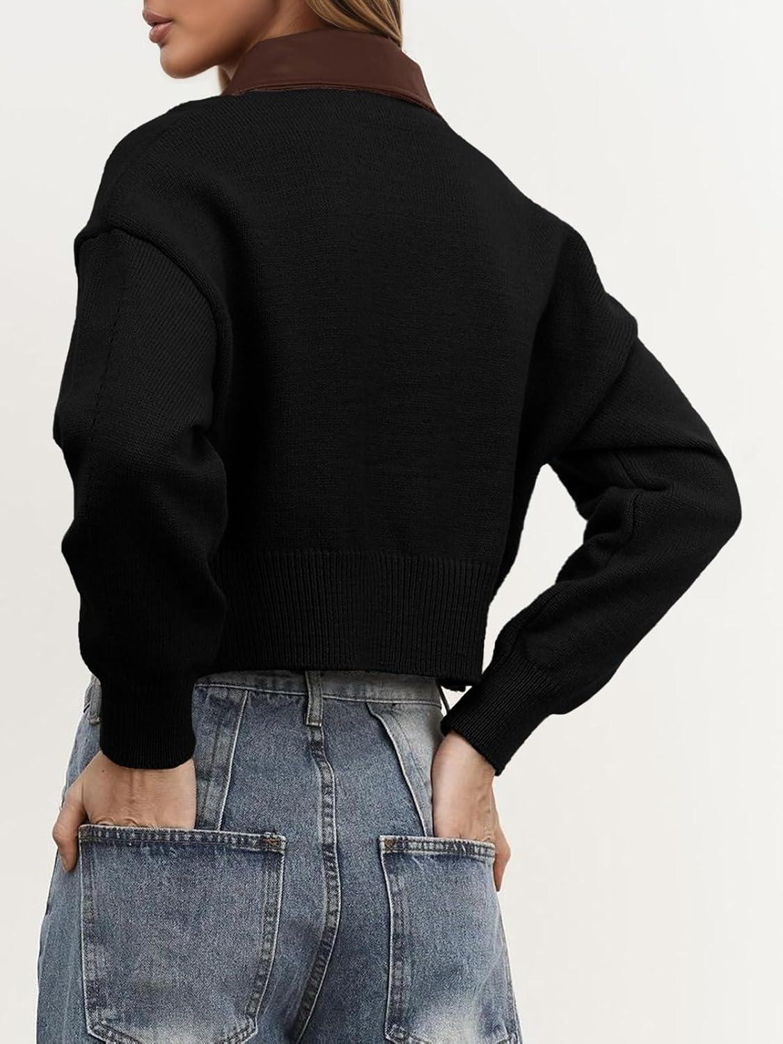 imageSaodimallsu Womens Zip Up Barn Jacket Cropped Faux Leather Collared Open Front Long Sleeve Fall Cardigan SweatersBlack
