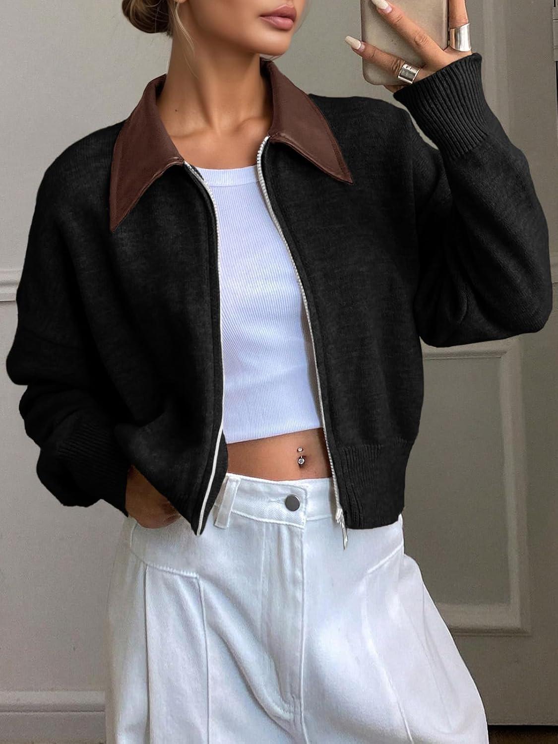 imageSaodimallsu Womens Zip Up Barn Jacket Cropped Faux Leather Collared Open Front Long Sleeve Fall Cardigan SweatersBlack
