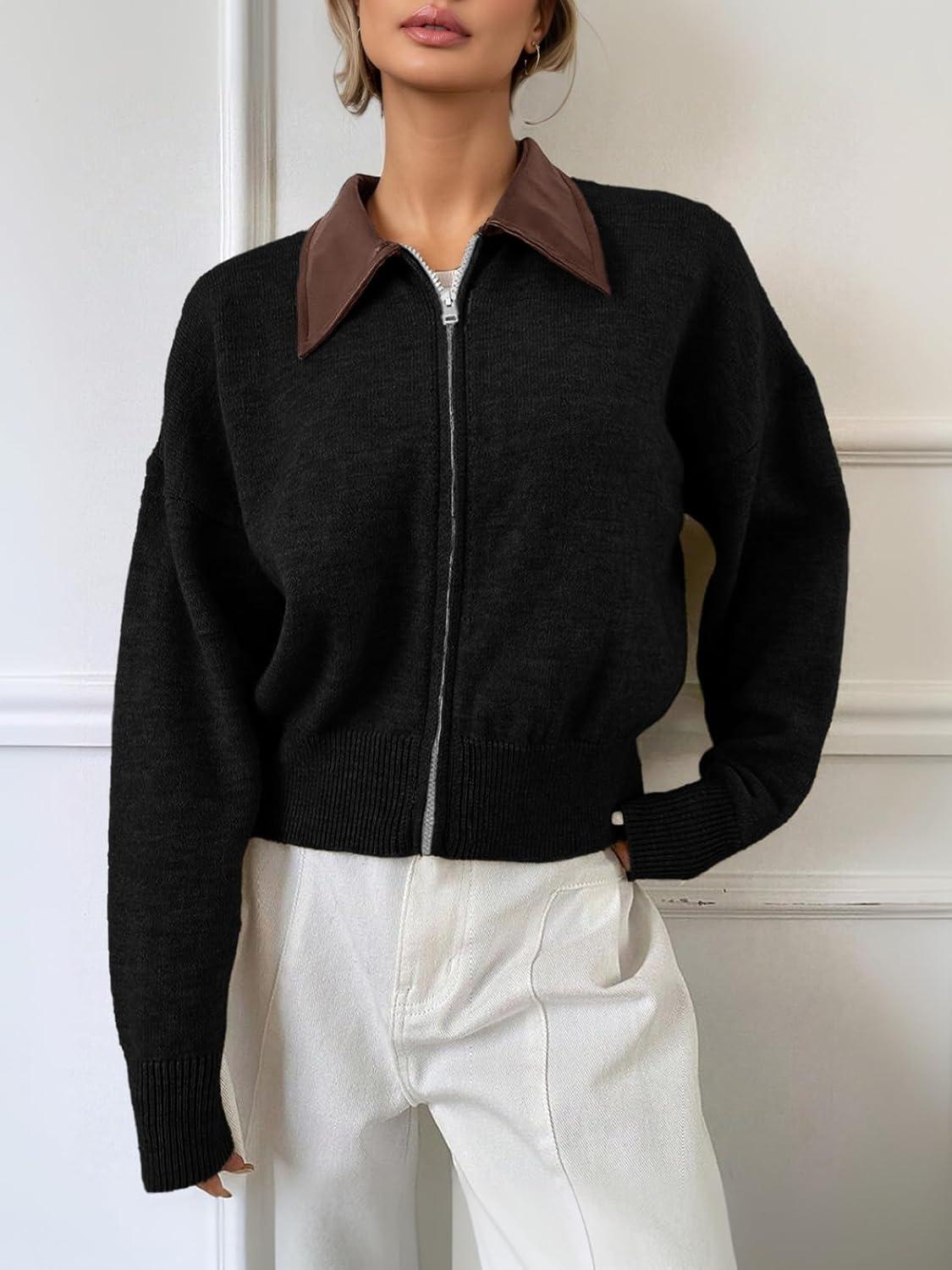 imageSaodimallsu Womens Zip Up Barn Jacket Cropped Faux Leather Collared Open Front Long Sleeve Fall Cardigan SweatersBlack