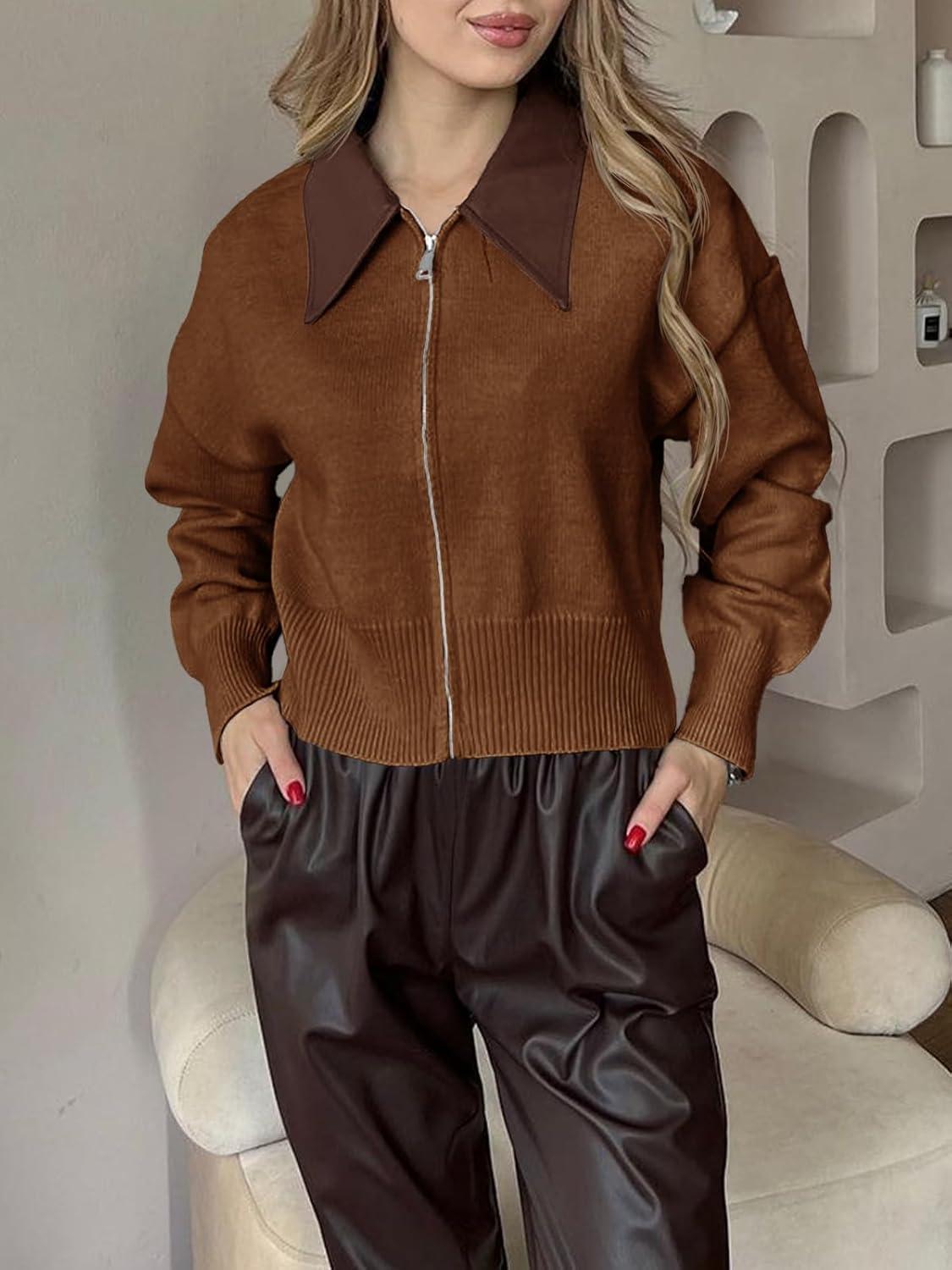 imageSaodimallsu Womens Zip Up Barn Jacket Cropped Faux Leather Collared Open Front Long Sleeve Fall Cardigan SweatersBrown