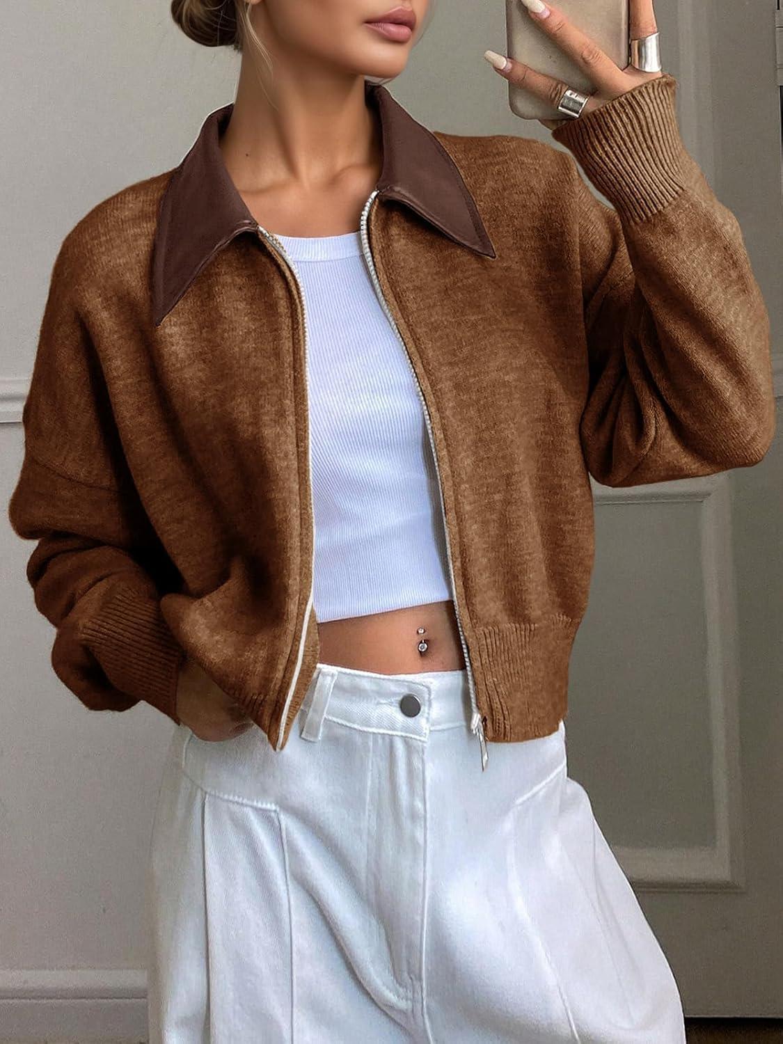 imageSaodimallsu Womens Zip Up Barn Jacket Cropped Faux Leather Collared Open Front Long Sleeve Fall Cardigan SweatersBrown