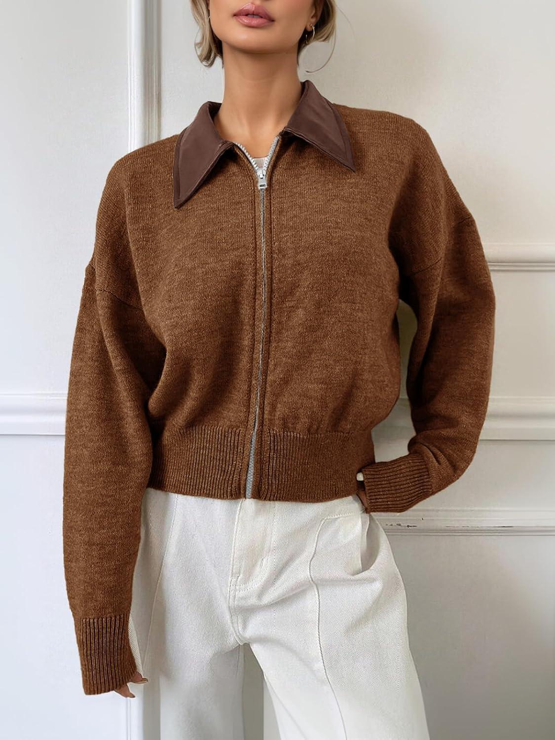 imageSaodimallsu Womens Zip Up Barn Jacket Cropped Faux Leather Collared Open Front Long Sleeve Fall Cardigan SweatersBrown