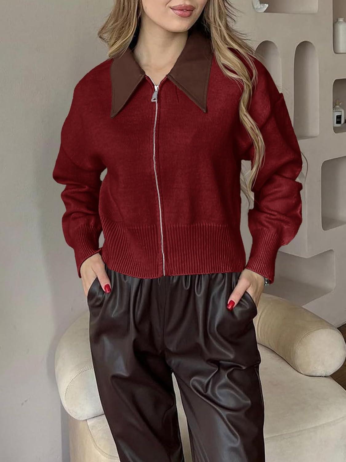 imageSaodimallsu Womens Zip Up Barn Jacket Cropped Faux Leather Collared Open Front Long Sleeve Fall Cardigan SweatersBurgundy