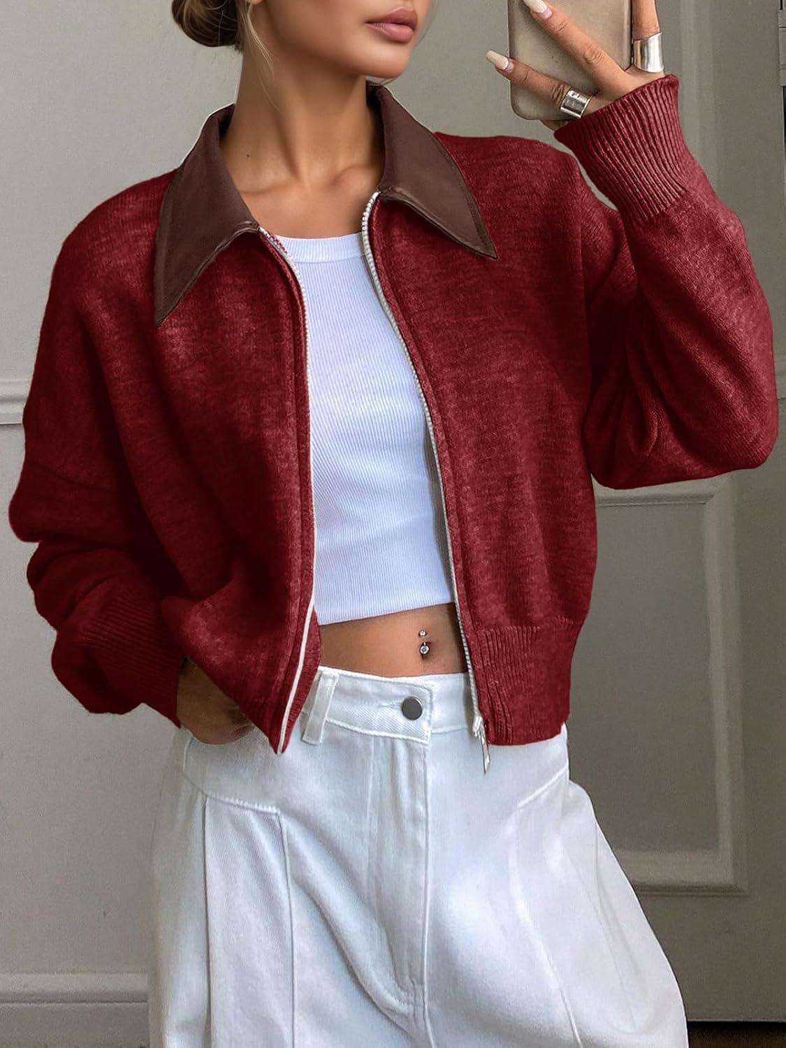 imageSaodimallsu Womens Zip Up Barn Jacket Cropped Faux Leather Collared Open Front Long Sleeve Fall Cardigan SweatersBurgundy