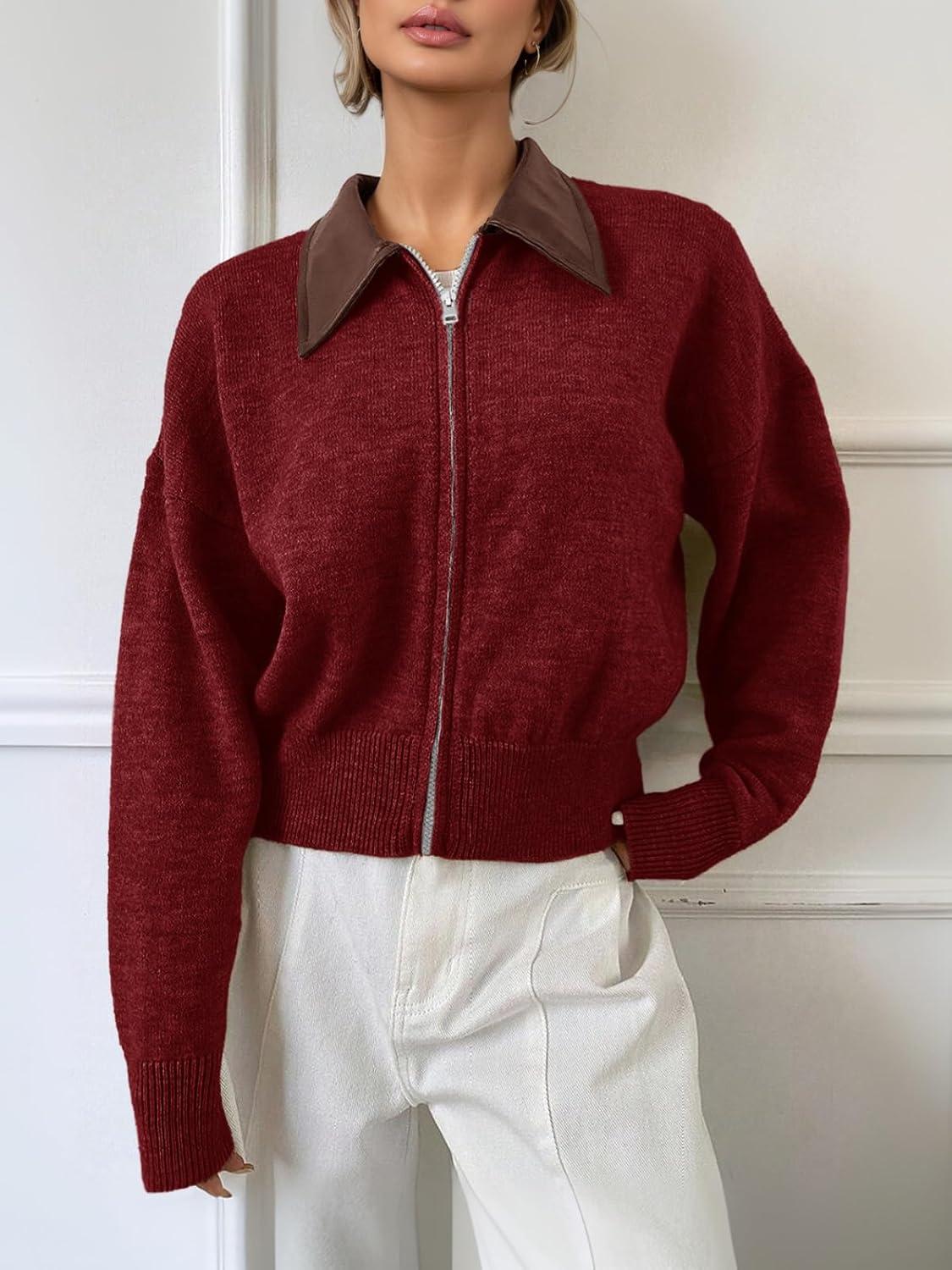 imageSaodimallsu Womens Zip Up Barn Jacket Cropped Faux Leather Collared Open Front Long Sleeve Fall Cardigan SweatersBurgundy