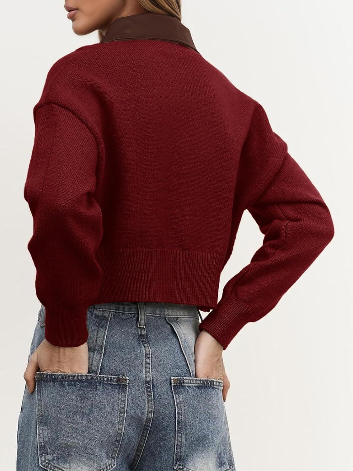 imageSaodimallsu Womens Zip Up Barn Jacket Cropped Faux Leather Collared Open Front Long Sleeve Fall Cardigan SweatersBurgundy