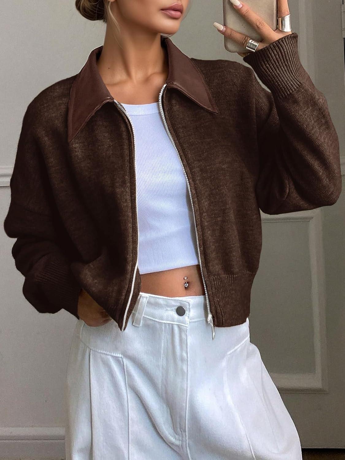 imageSaodimallsu Womens Zip Up Barn Jacket Cropped Faux Leather Collared Open Front Long Sleeve Fall Cardigan SweatersCoffee